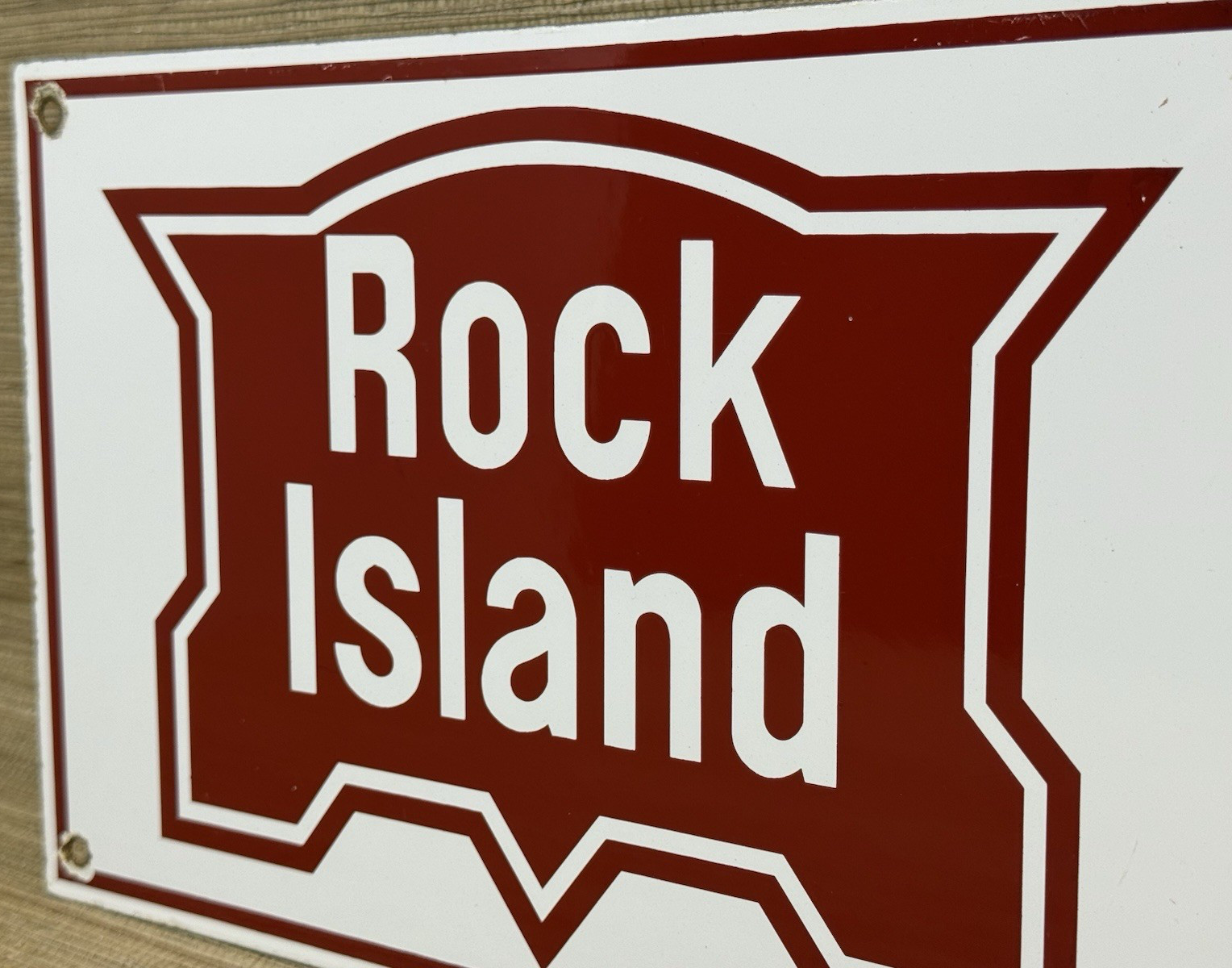 VINTAGE ROCK ISLAND RAILWAY PORCELAIN SIGN GAS OIL TRAIN STATION PUMP PLATE