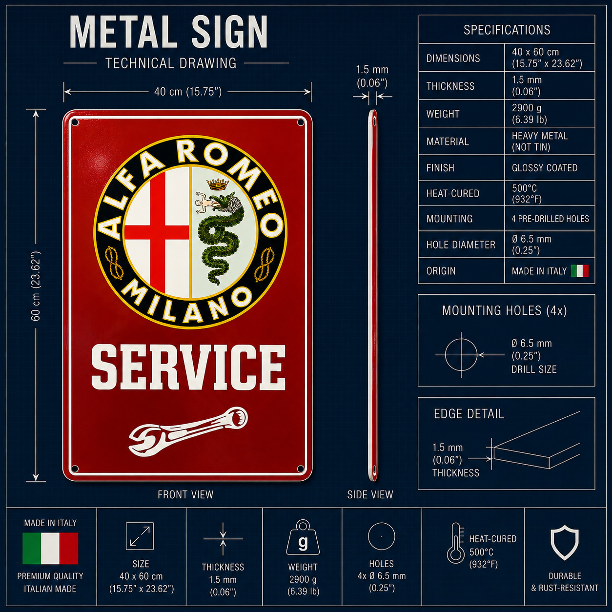 Alfa Romeo Milano Service Garage Sign – Metal Sign – 40 × 60 cm (15.7” × 23.6”)