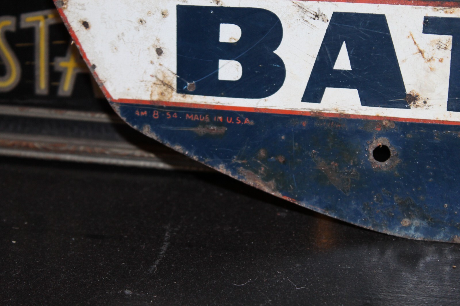 SCARCE 1954 DELCO BATTERIES 2-SIDED PAINTED METAL DEALER SIGN GMC CHEVY GAS OIL