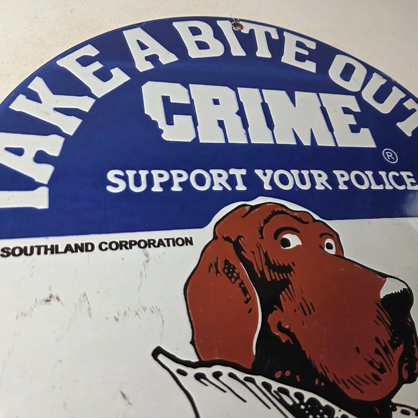 Vintage McGruff Crime Dog Sign – Porcelain Support Police Gas Pump Plate Sign