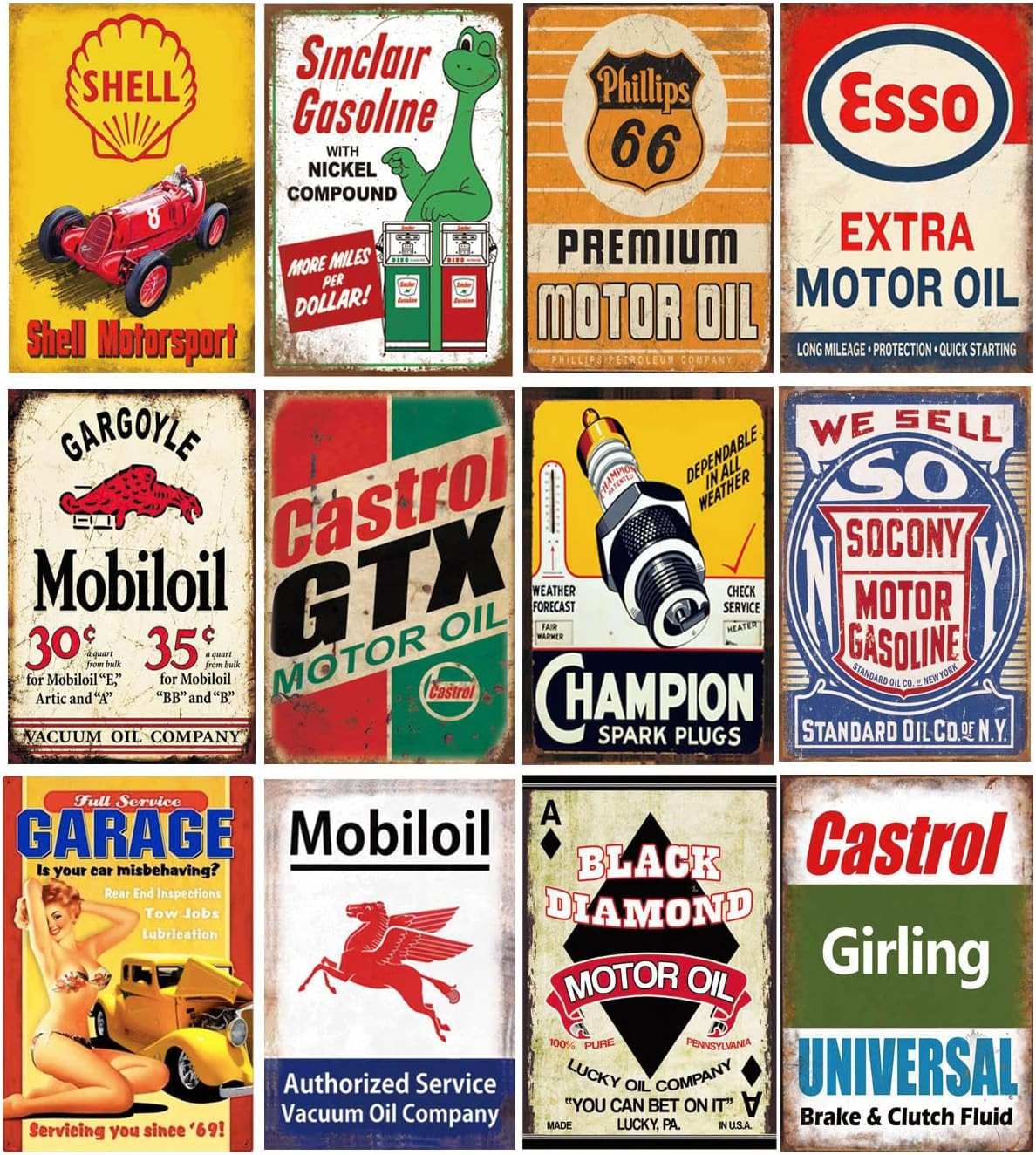 12 Pieces Gas and Oil Tin Signs, Retro Vintage Metal Sign for Home Man Cave Gara