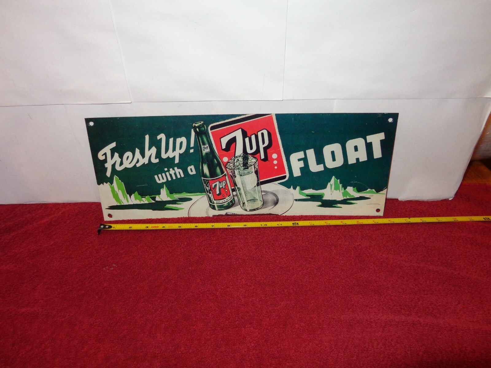 17 x 6 in FRESH WITH A 7 UP FLOAT ADVERTISING SIGN TIN METAL TACKER – Z 464