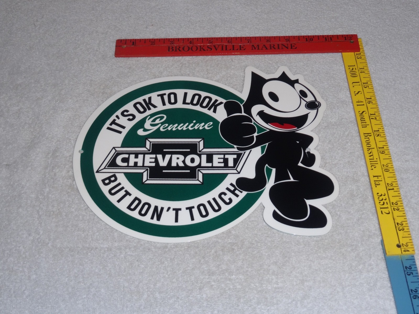 VINTAGE CHEVROLET FELIX THE CAT LOOK DONT TOUCH 12″ CAR TRUCK METAL GAS OIL SIGN