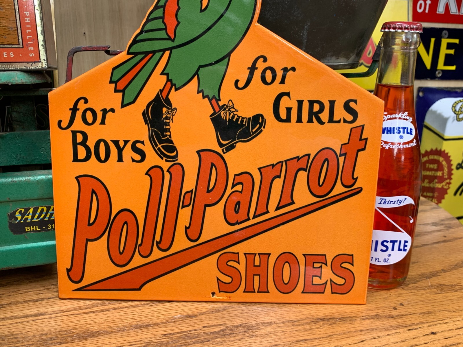 “POLL-PARROT SHOES” PORCELAIN ADVERTISING SIGN, (12″x 8″) NICE COND/GREAT SIGN