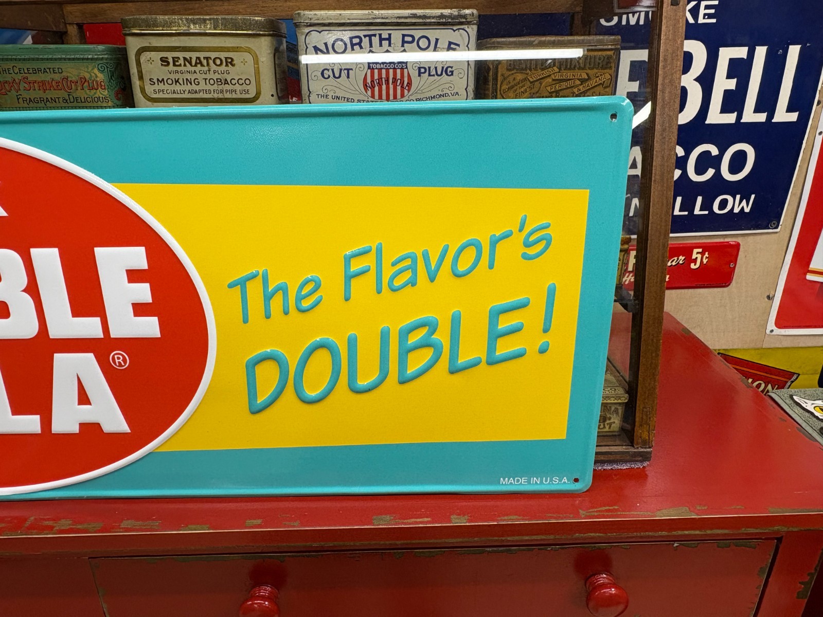 “DOUBLE COLA” LARGE EMBOSSED METAL ADVERTISING SIGN, (42″x 14″) NICE CONDITION