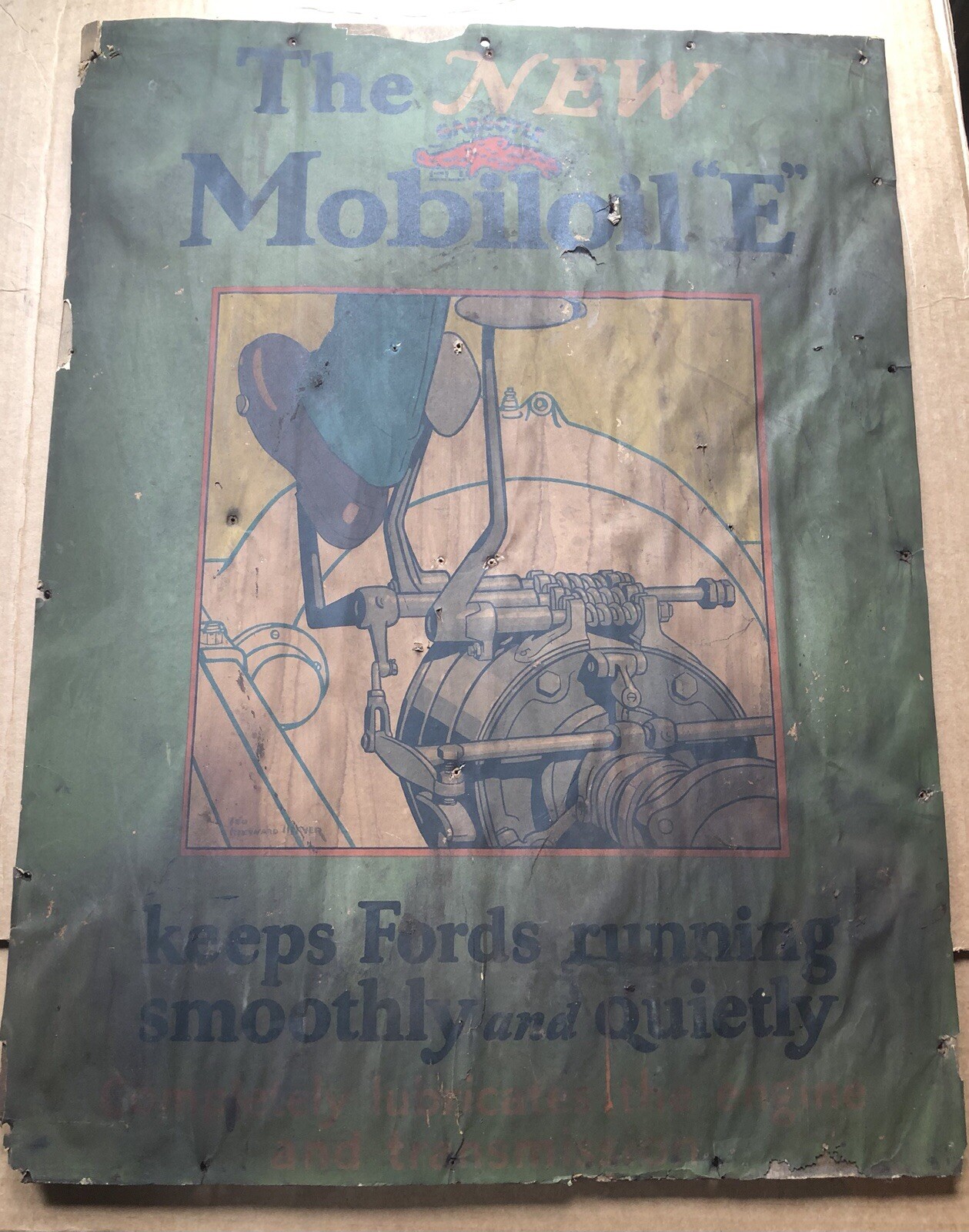 RARE Antique Vintage 1930s THE NEW GARGOYLE MOBILOIL “E” FORD SIGN 26.25x 19.5”
