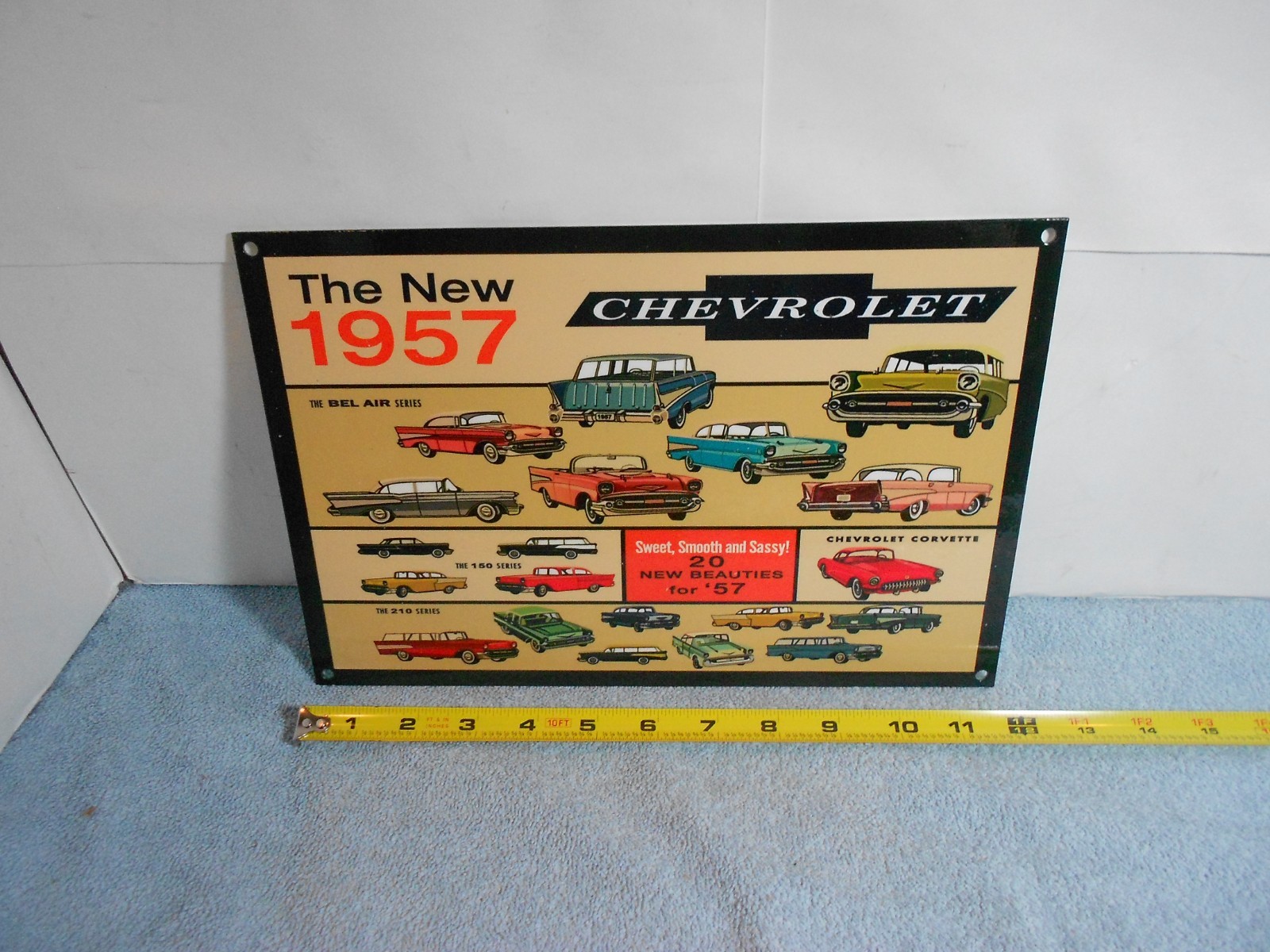 VINTAGE CHEVROLET “NEW BEAUTIFUL 1957 CHEVY’S 12” GAS OIL ADVERTISING SIGN METAL