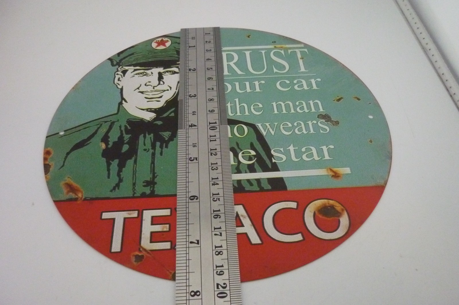 Texaco Trust Your Car To The Man Who Wears The Star Round Tin Sign 8 Inch