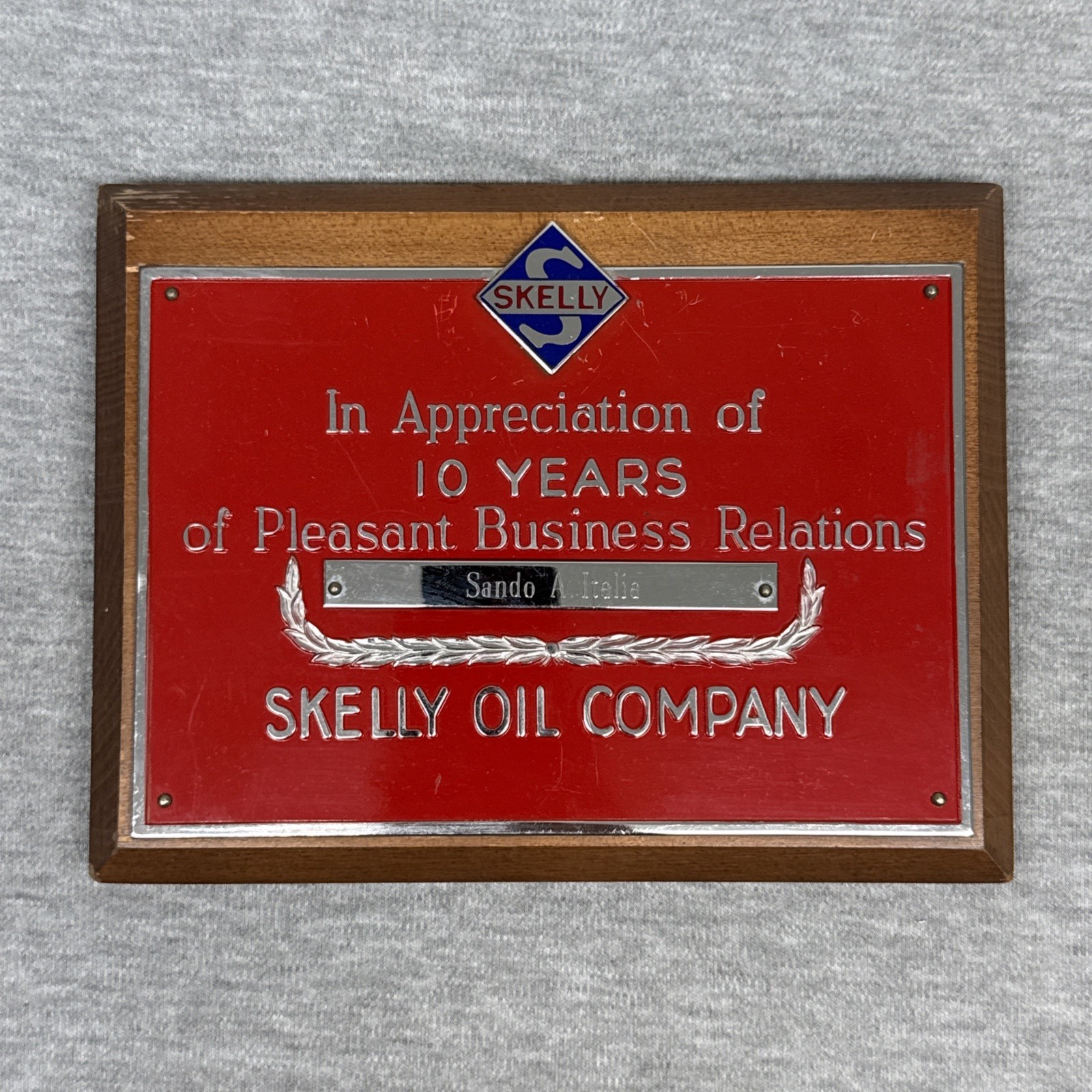 Vintage 1953 Skelly Oil Company 10 Years Appreciation Award Plaque