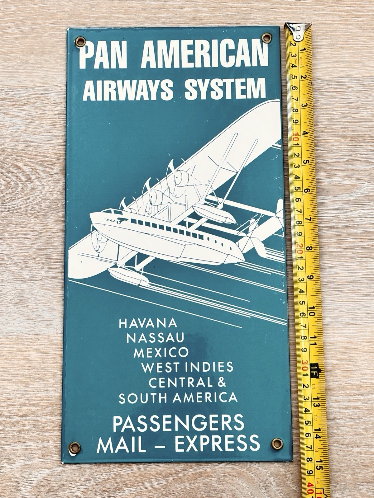 Vintage Style Pan Am Airways Porcelain Wall Sign Flying Clipper Seaplane TEAL
