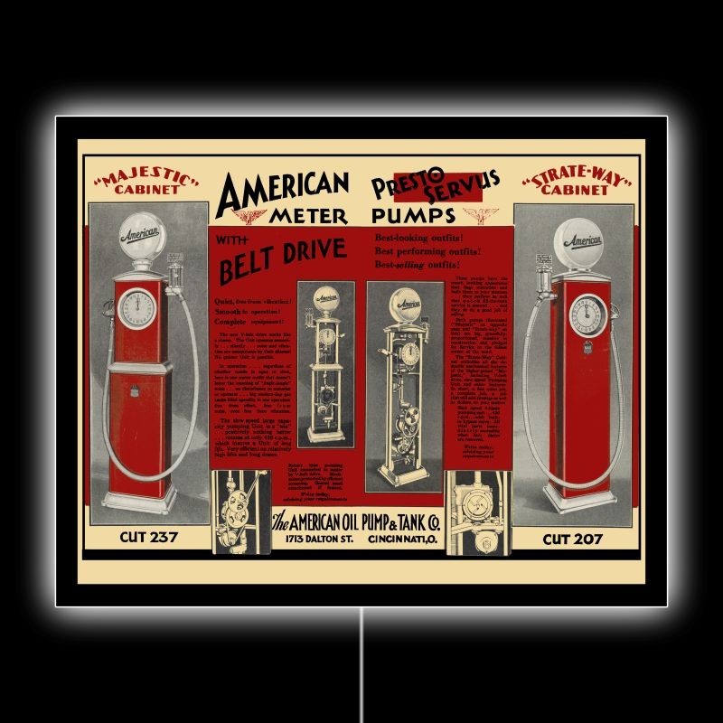1930 American 237 & 207 Meter Gas Pumps NEW LED Hanging Lighted Sign: 18×23″