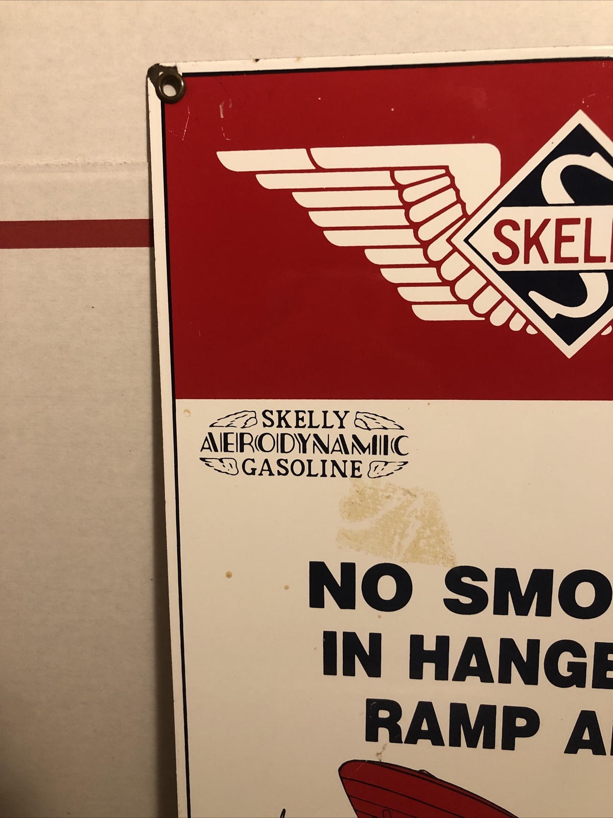 Metal 9.5X13.5″ SKELLY AERODYNAMIC GASOLINE – OIL No Smoking in Hanger Ad Sign