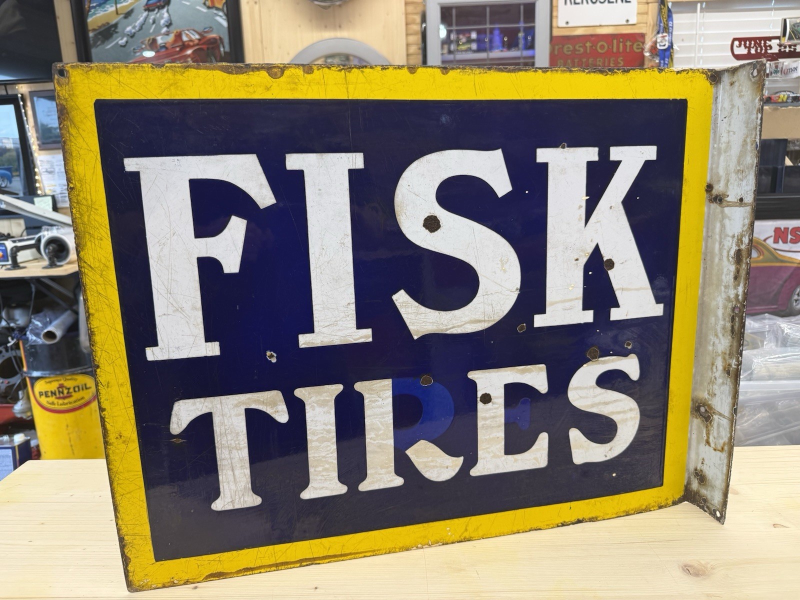 1920’s 30’s FISK TIRES PORCELAIN FLANGE SIGN DOUBLE SIDED GAS OIL AUTO Original