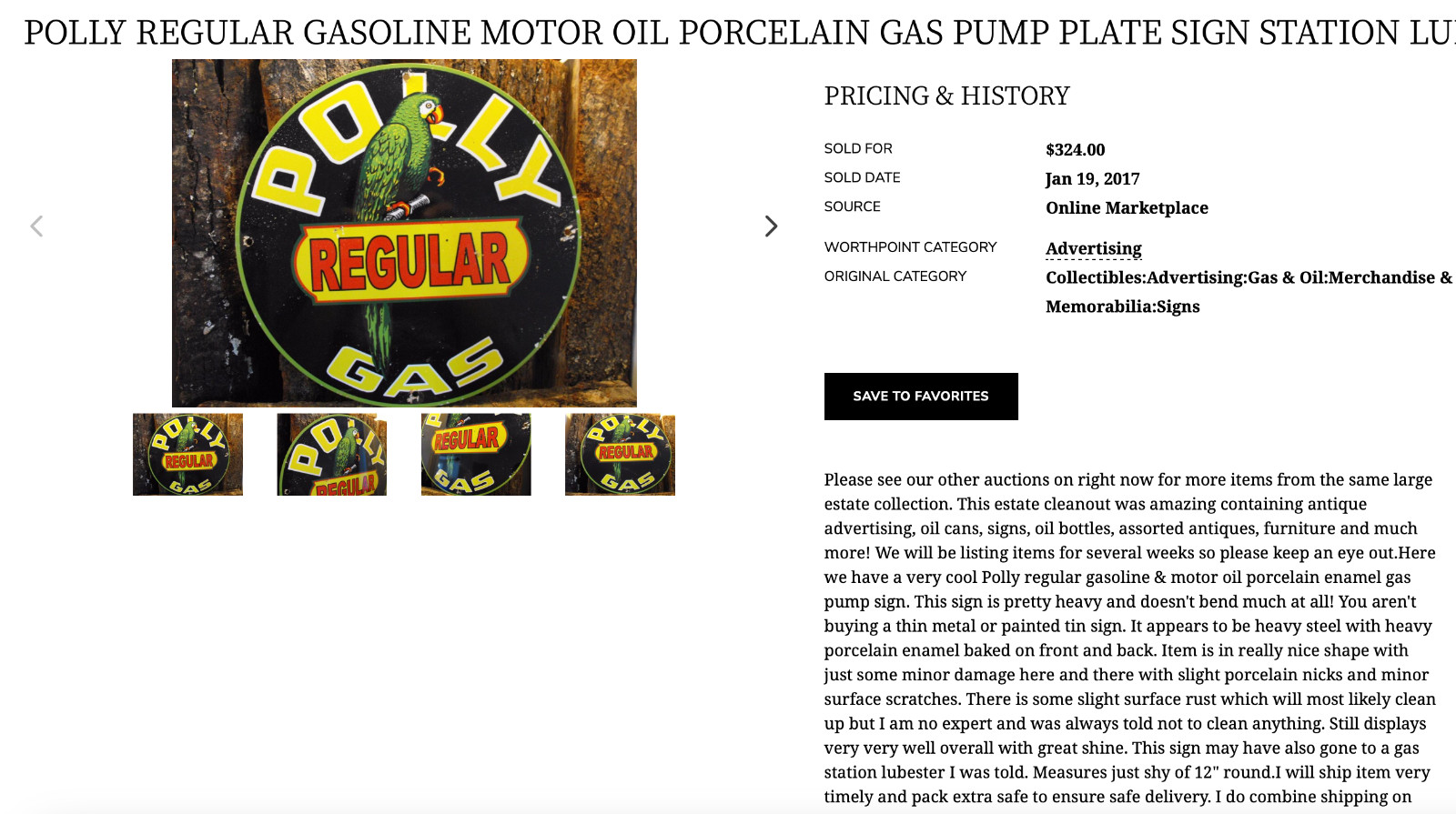 VINTAGE POLLY PREMIUM GASOLINE PARROT 12.5″ PORCELAIN METAL WILSHIRE CA OIL SIGN