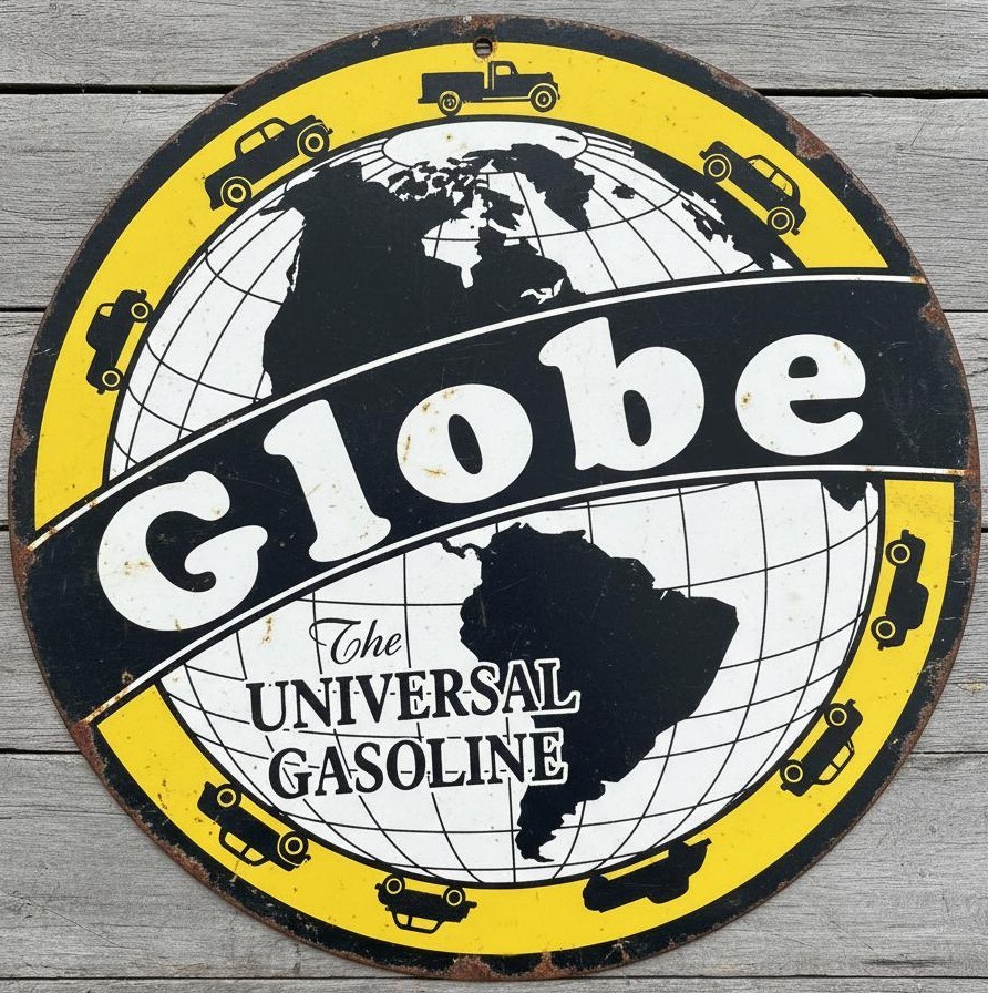 Globe The Universal Gasoline 8″ Diameter Vintage Novelty Metal Sign Made In USA