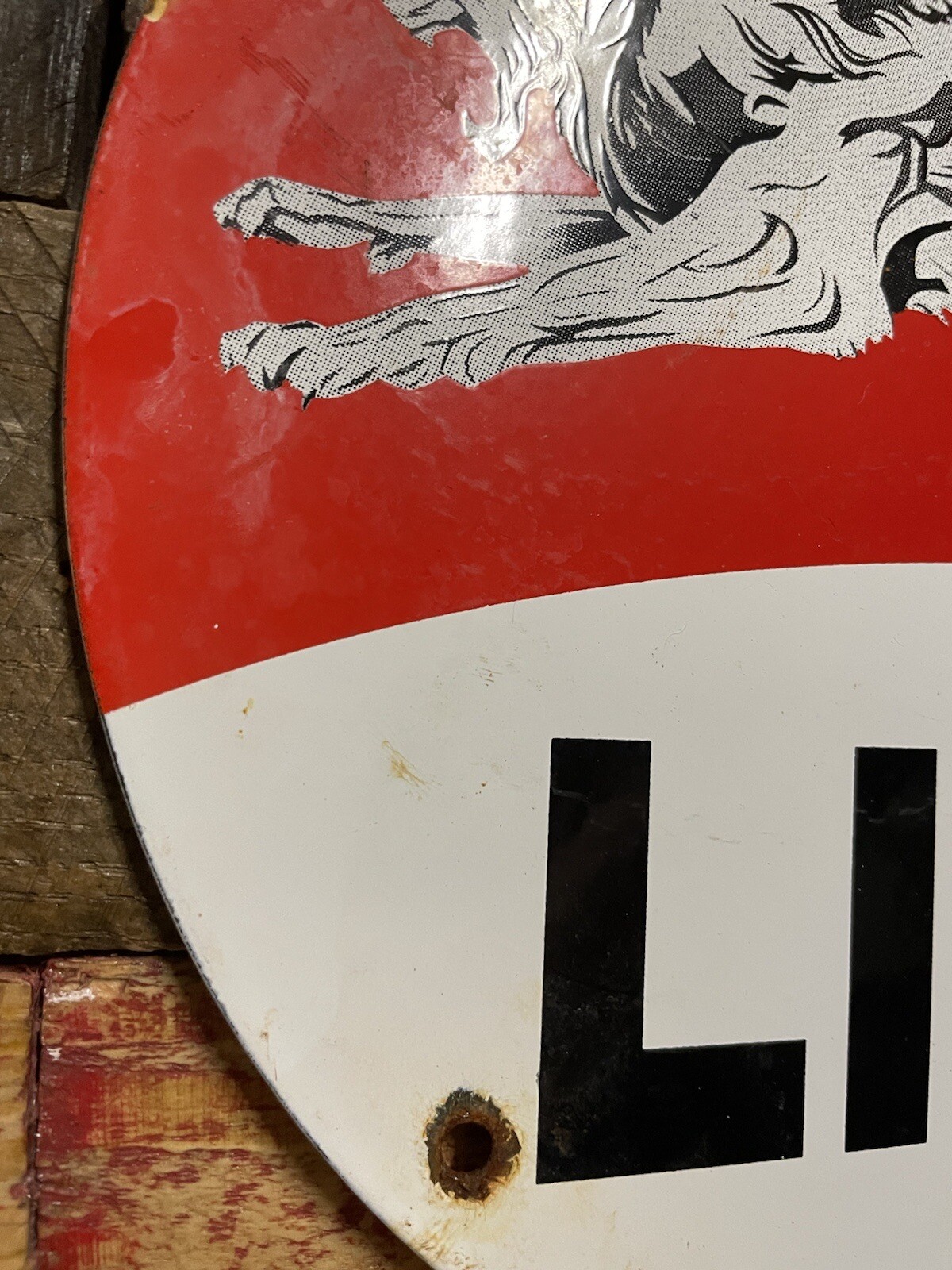 VINTAGE LION PORCELAIN SIGN GAS & OIL REPAIR GARAGE MECHANIC ADVERTISING LUBE
