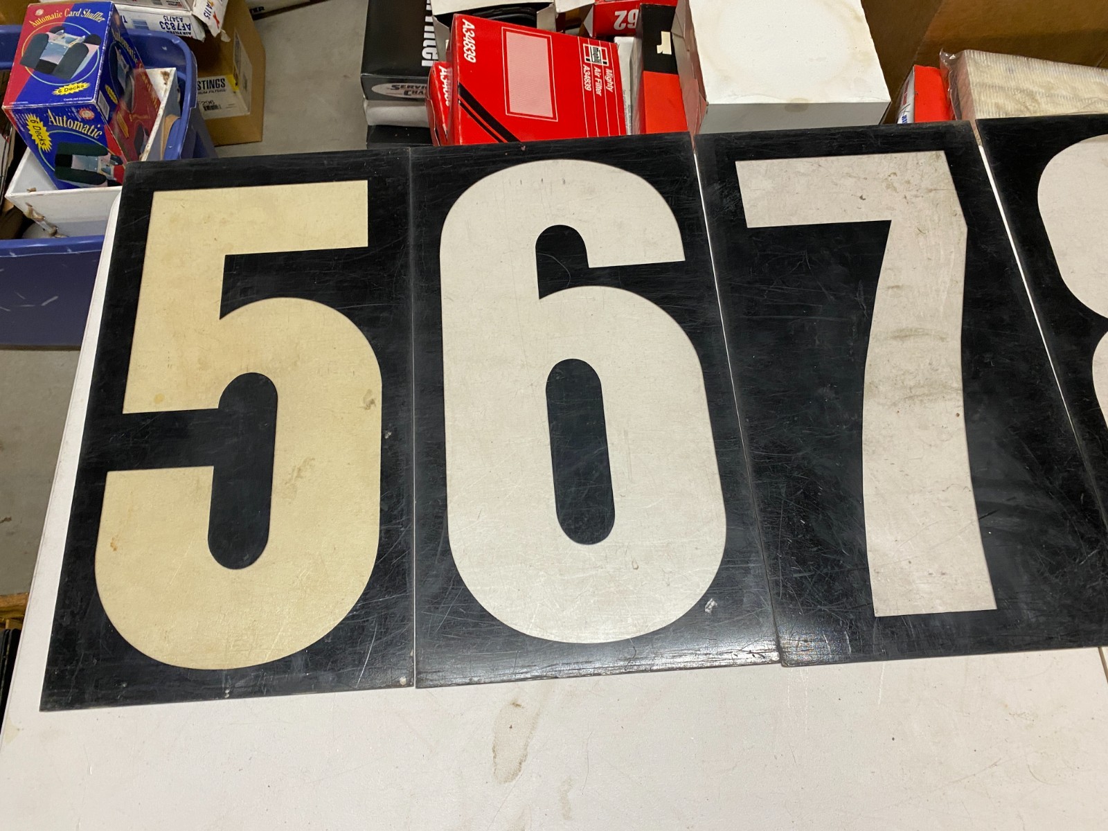 Vtg set #4 gas station black background clear acrylic numbers 16”-17” tall 0-9