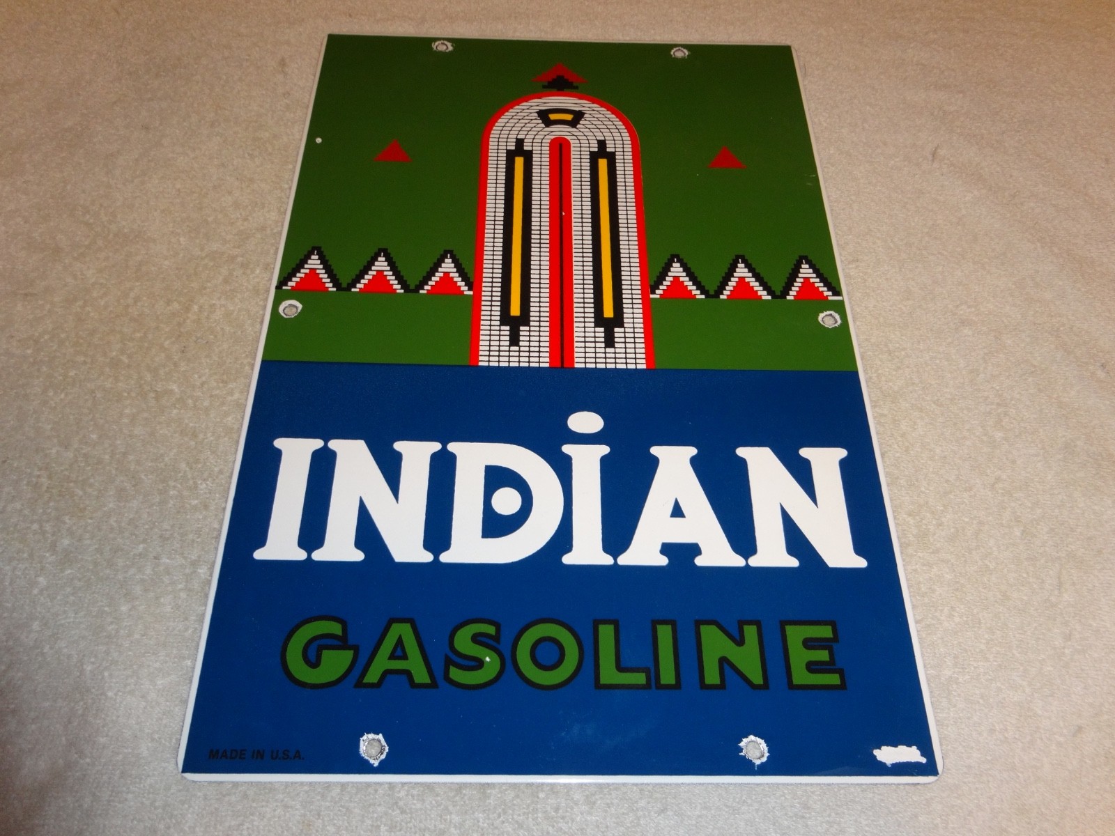 VINTAGE INDIAN GASOLINE 18″ PORCELAIN METAL MOTORCYCLE GAS & OIL PUMP PLATE SIGN