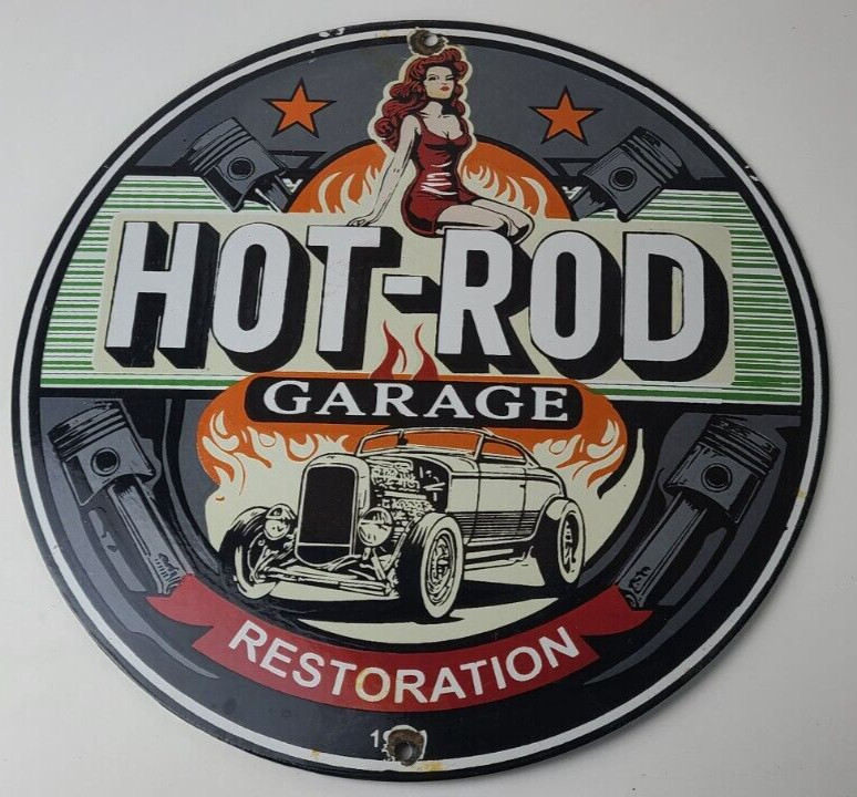 Vintage Hot Rod Shop Sign – Restoration Garage Auto Gas Pump Porcelain Sign