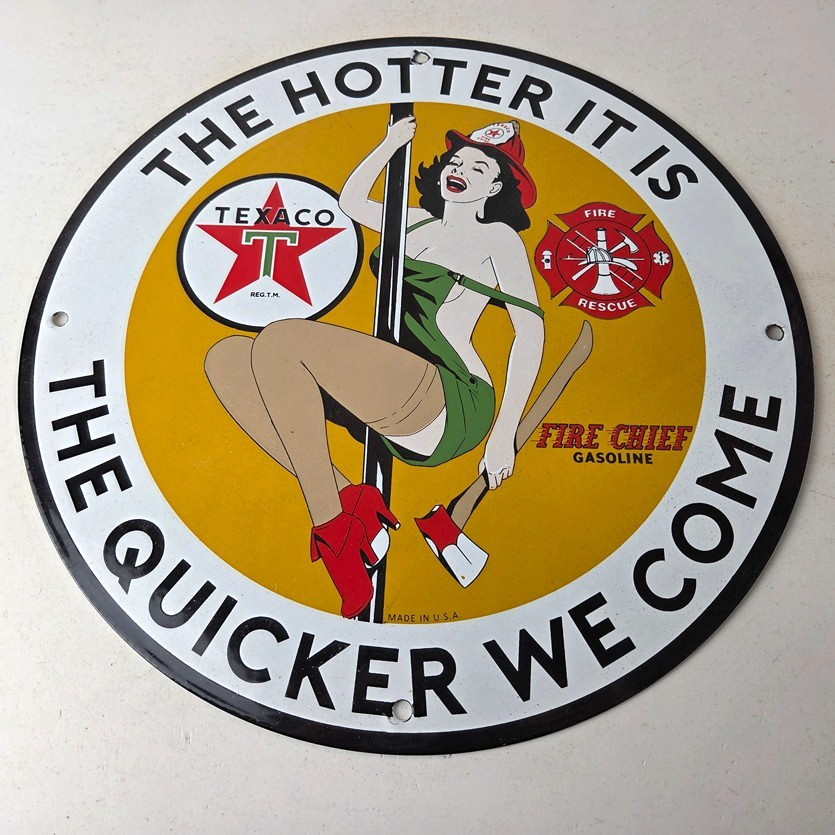 Vintage Texaco Gasoline Sign – Fire Pole Fire Chief Gas Pump Ad Porcelain Sign