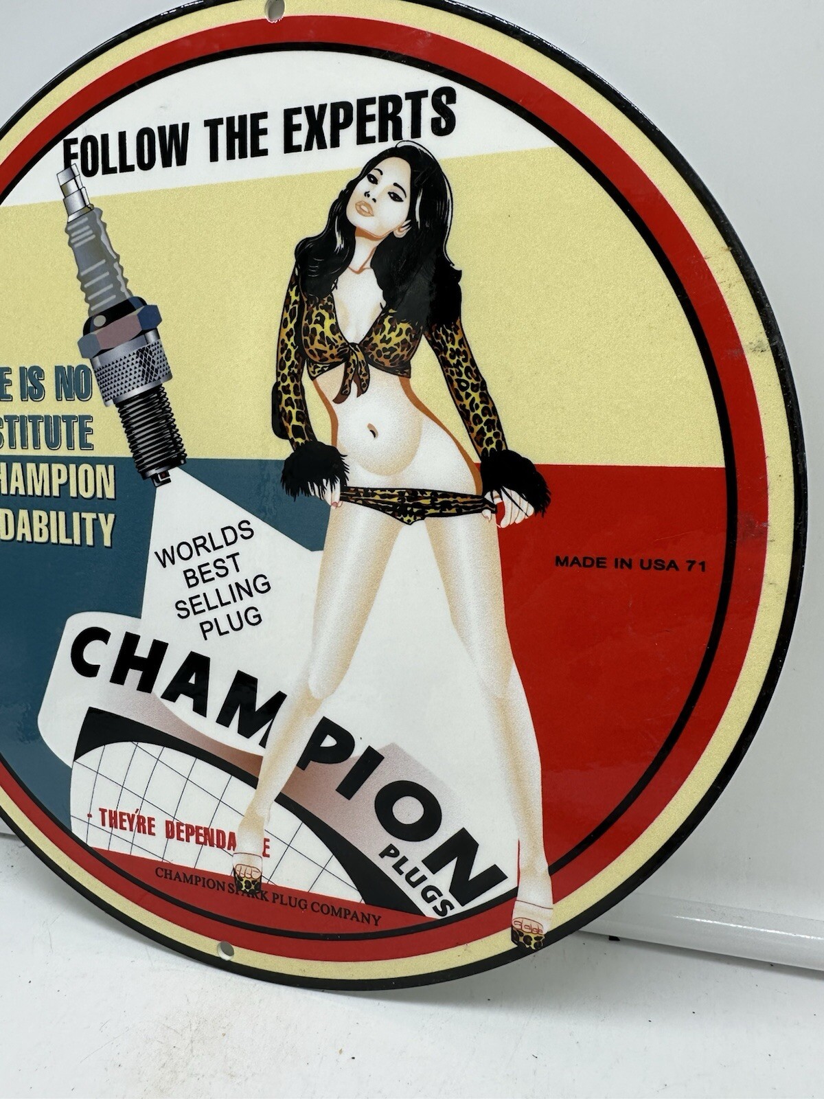 ’71 VINTAGE STYLE “CHAMPION” PLUGS PORCELAIN SIGN 10 INCH