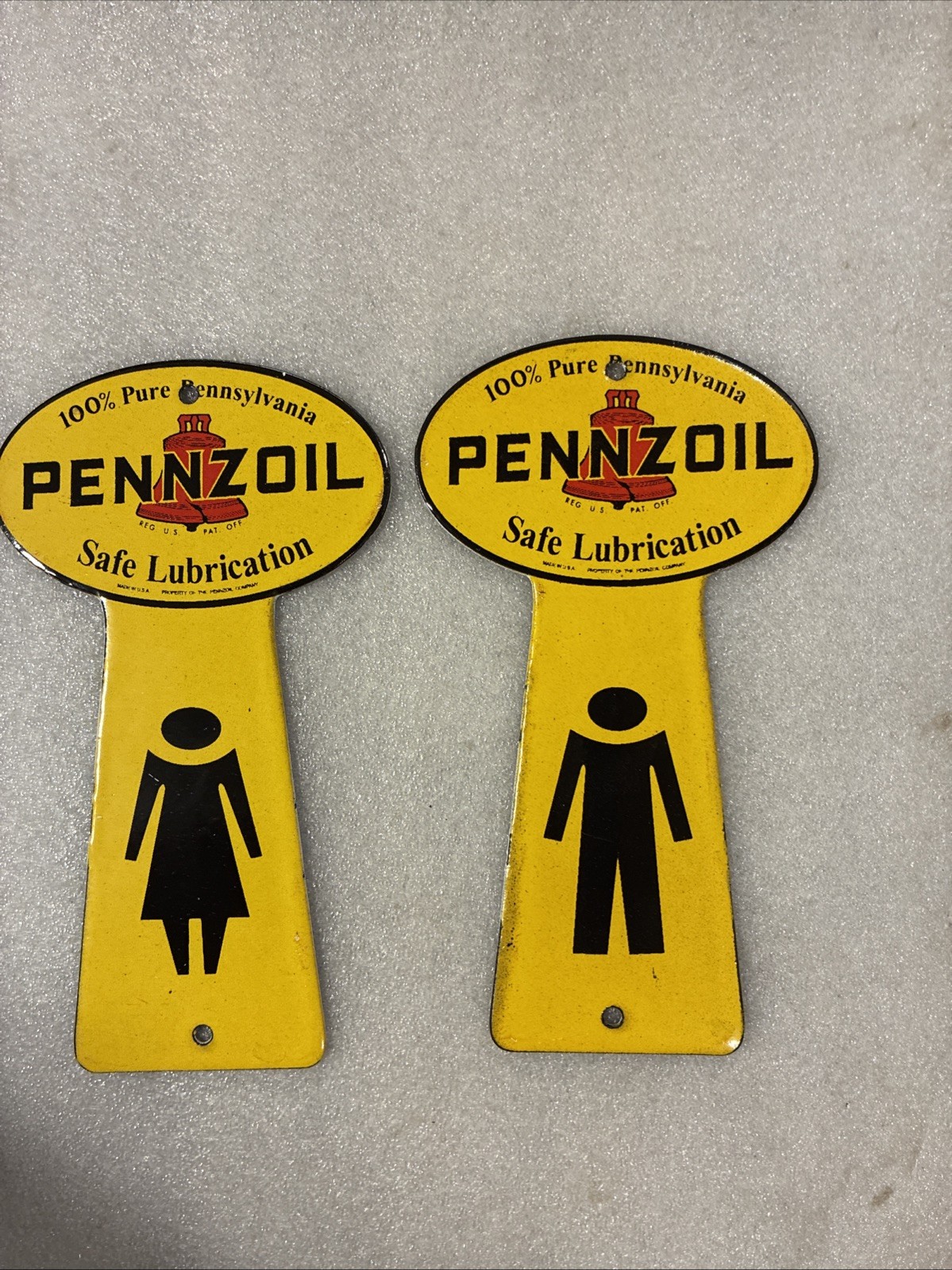 Pennzoil Porcelain Gas Station Sign 6 Inches Pair Restroom Bathroom Key Holder