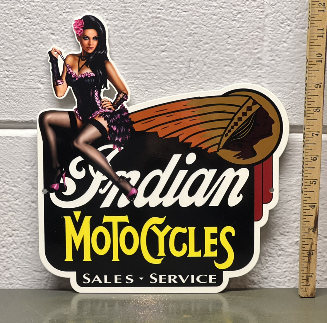 Indian Motorcycles Sales Service Metal Diecut Sign Dealership Gas Oil Pin Up