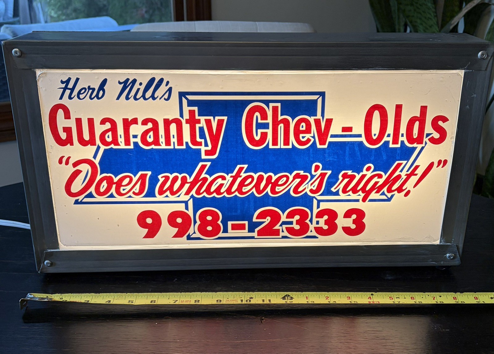 Original Vintage “Herb Nill’s Chev – Olds” dealer decal – now a Lighted Sign!