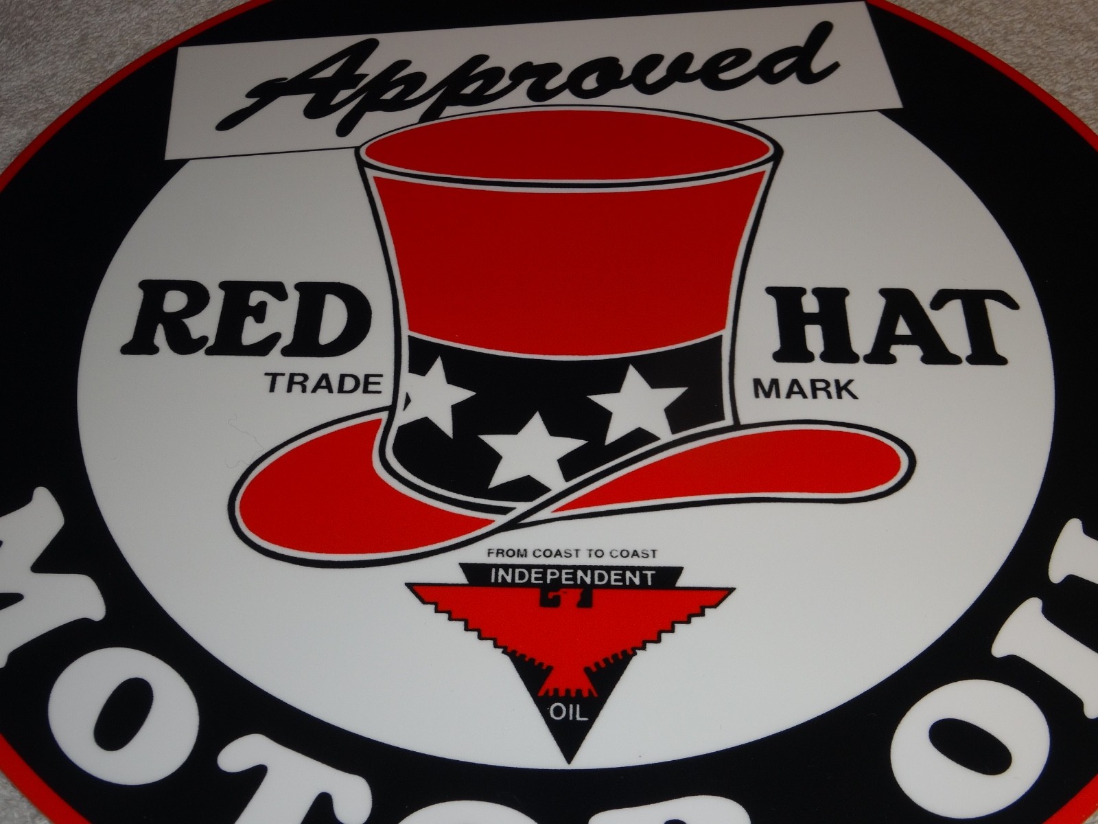 VINTAGE RED HAT GASOLINE W/🦅 EAGLE 11 3/4″ PORCELAIN METAL INDEPENDENT OIL SIGN