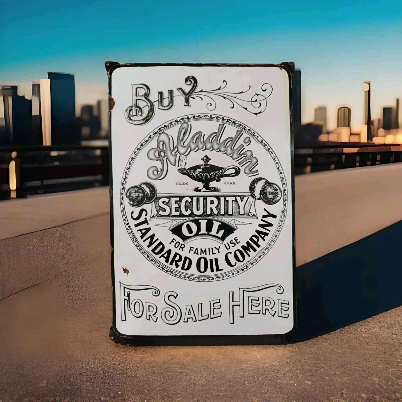 Early Sign Standard oil company Aladdin Security Oil Black & White