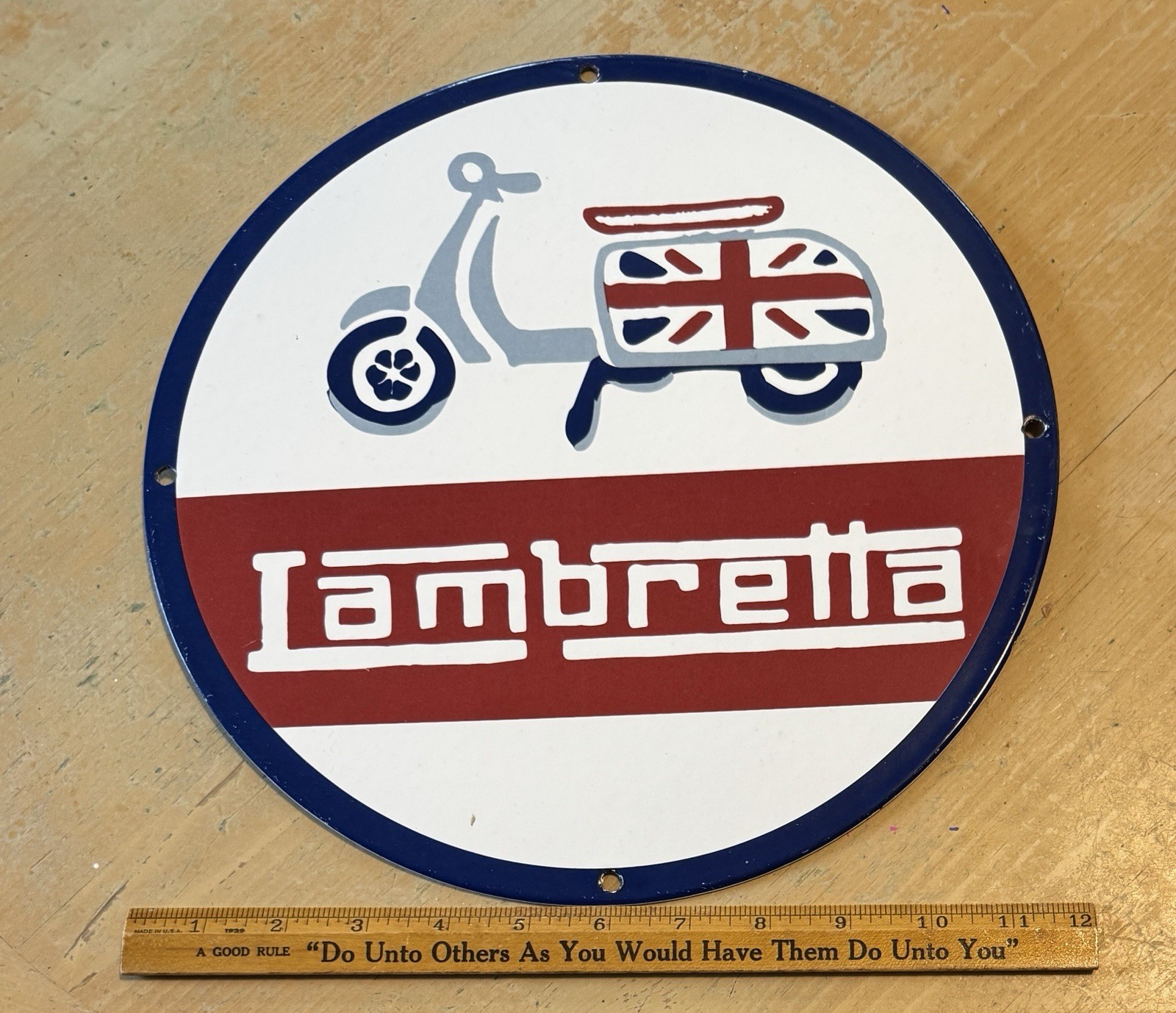 Vtg LAMBRETTA Scooter 12″ Porcelain Sign – Not a cheap tin sign.