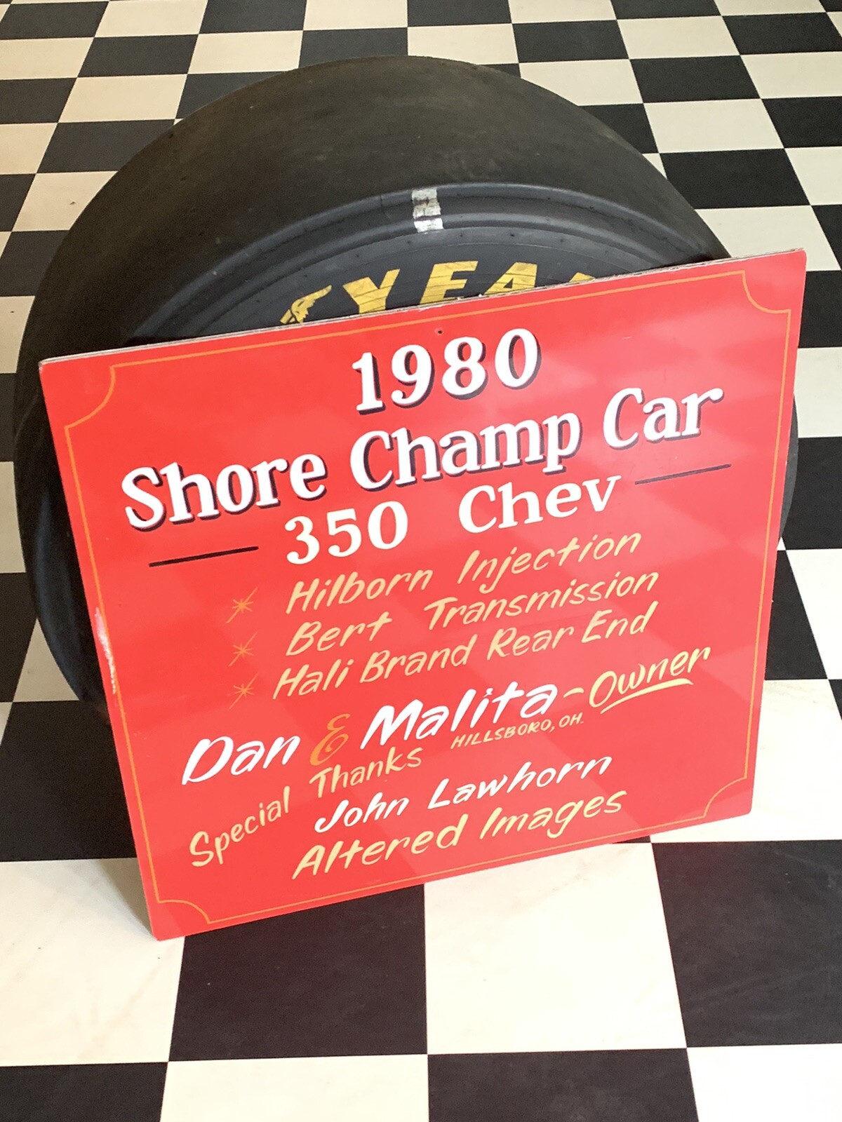Vintage Chevrolet Sign Advertising 1980 Shore Champ Car 350 Racing Gas Oil Race