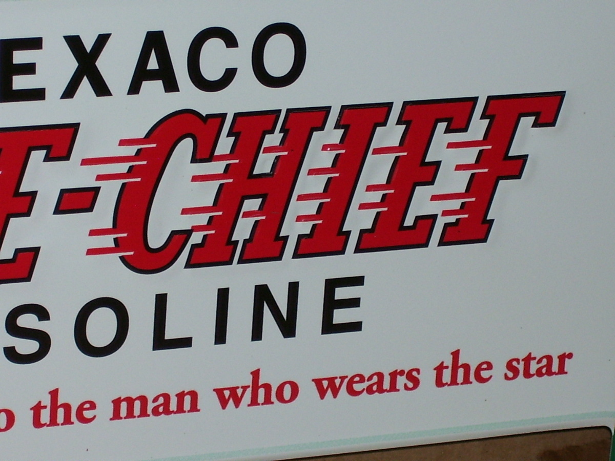 TEXACO – Trust Your Car To The Man Who Wears The Star- FIRE CHIEF Big Arrow Sign