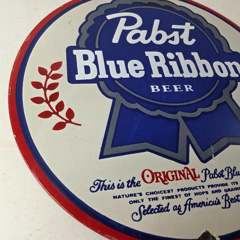 Vintage Pabst Blue Ribbon Beer Porcelain Sign – Ribbon Badge Logo Sign
