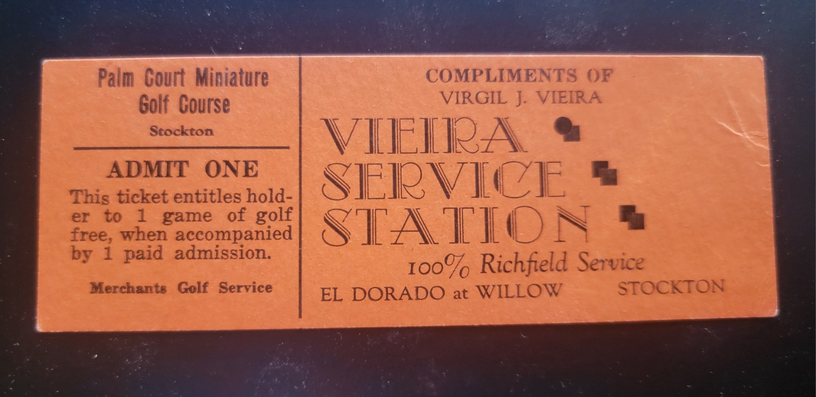 Vtg 1930s 40s Gas Station STOCKTON VIEIRAS Richfield Ticket for MIN. GOLF ROUND