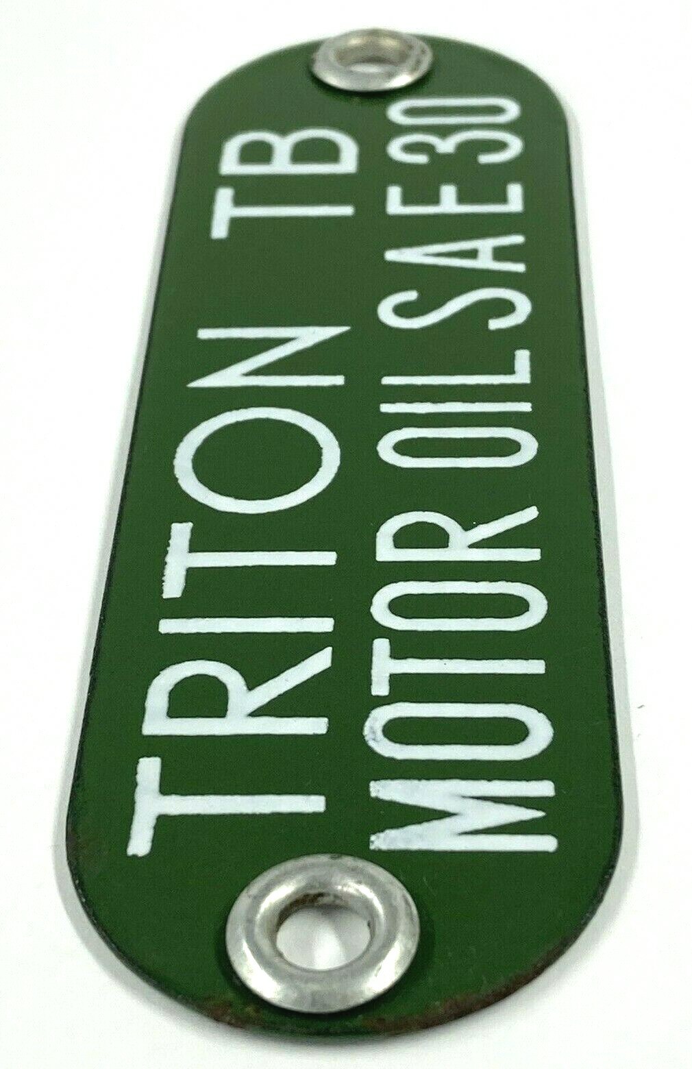 Vintage Triton TB Motor Oil SAE 30 Porcelain Gas Fuel Tag Sign Badge Green White