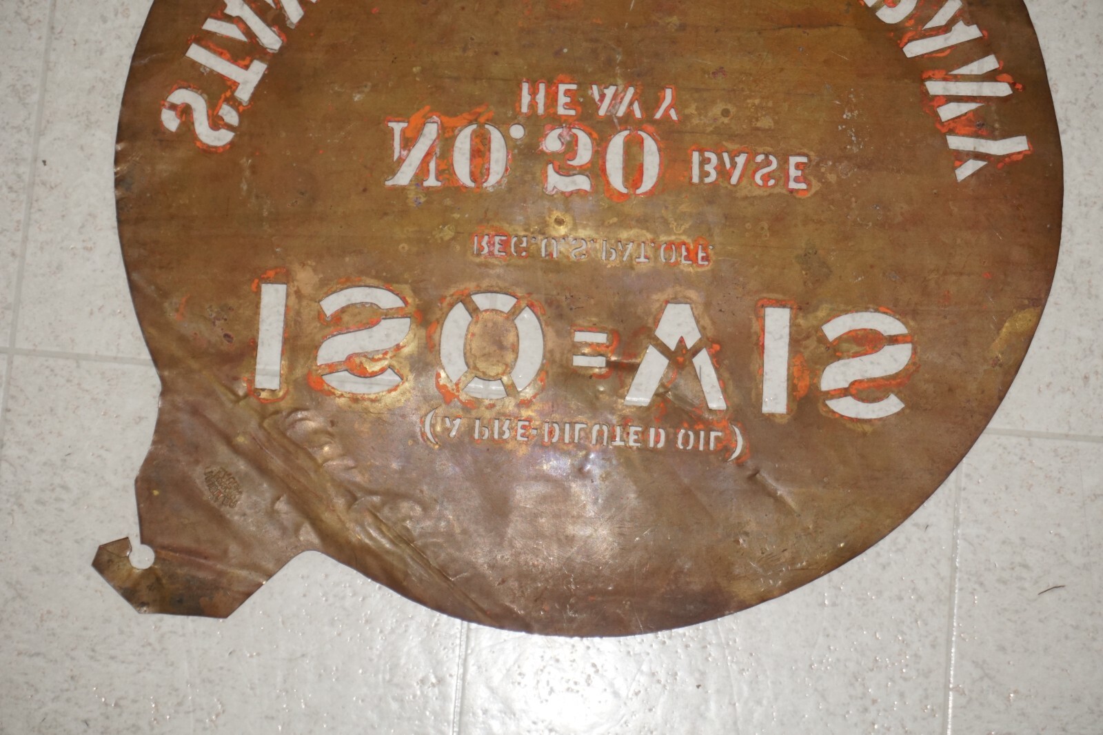 ANTIQUE Standard OILS PIERCED COPPER STENCIL ADVERTISING SIGN BARREL Primitive