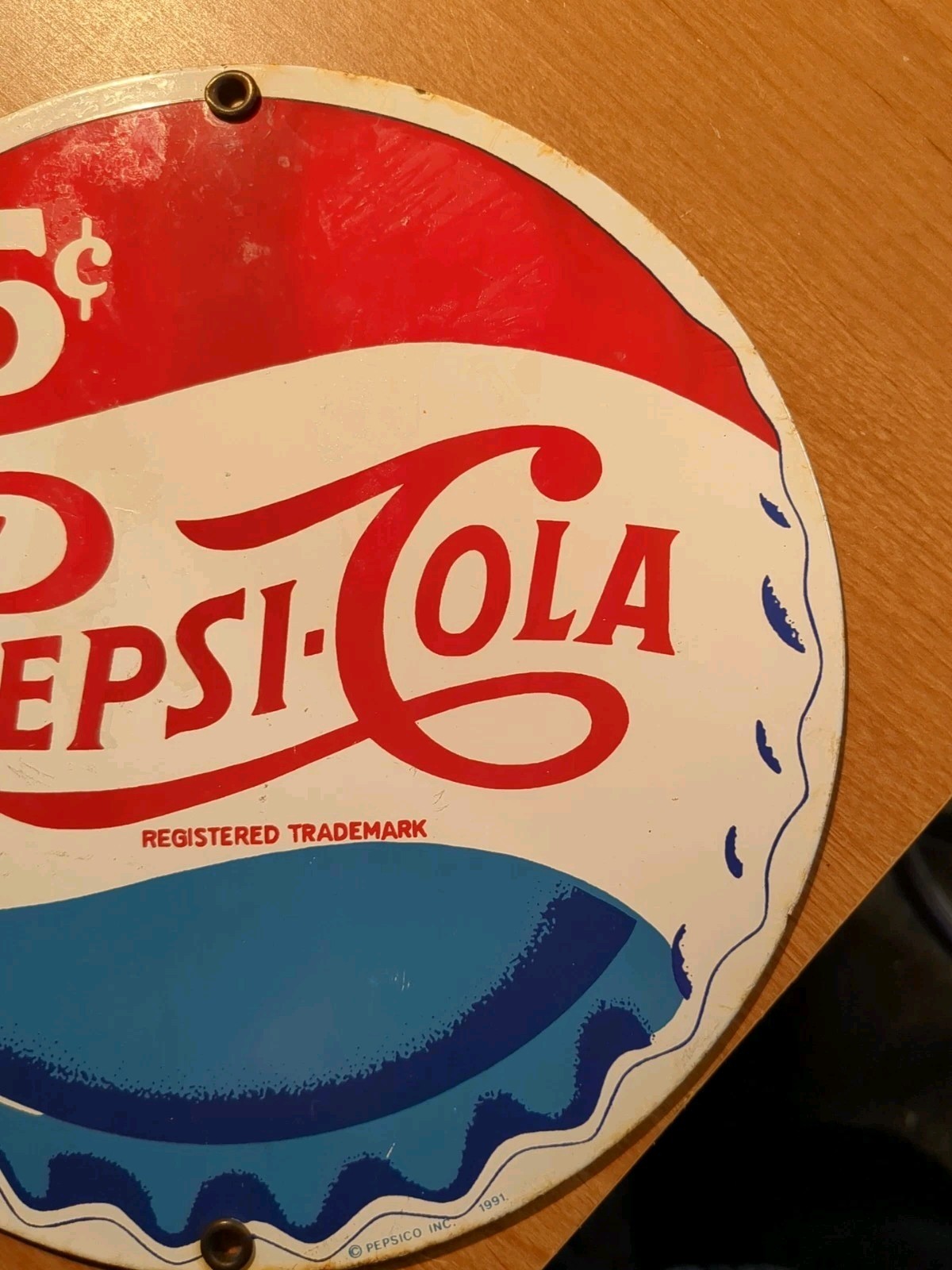 Vintage Pepsi Porcelain Sign – 5 Cent Beverage, Andre Rooney 8″ diam.