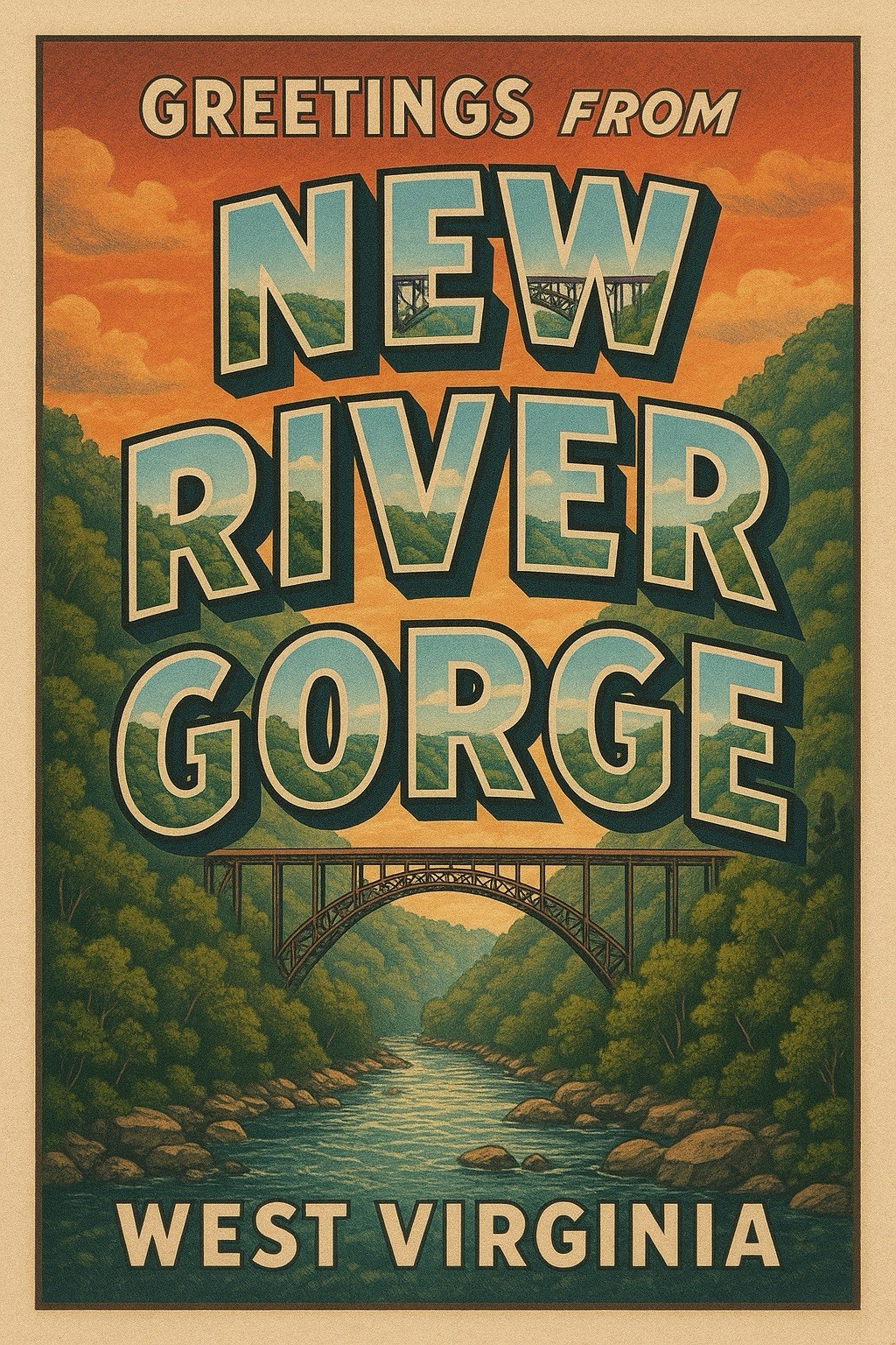 Welcome To New River Gorge West Virginia, Postcard Vintage Style Sign