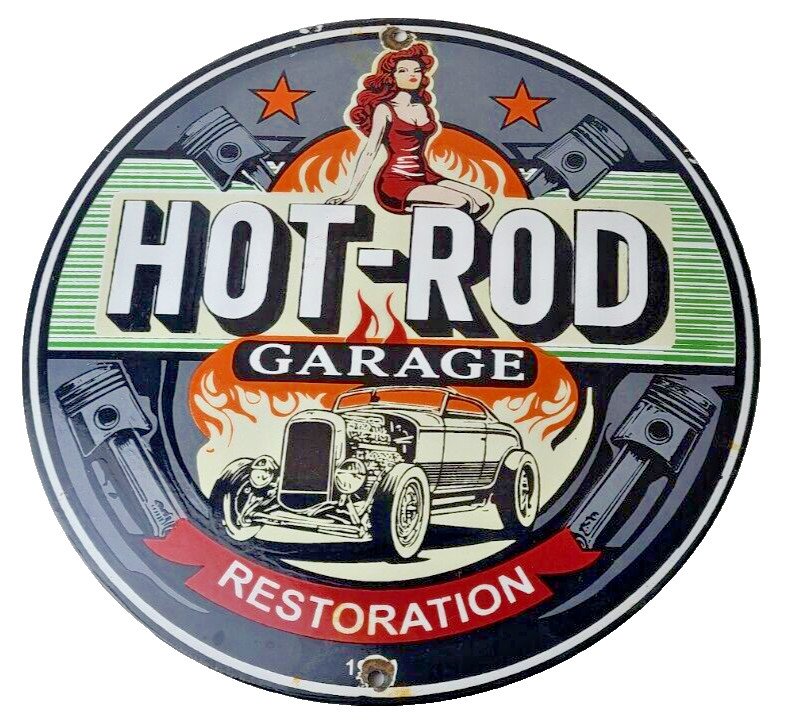Vintage Hot Rod Shop Sign – Restoration Garage Auto Gas Pump Porcelain Sign