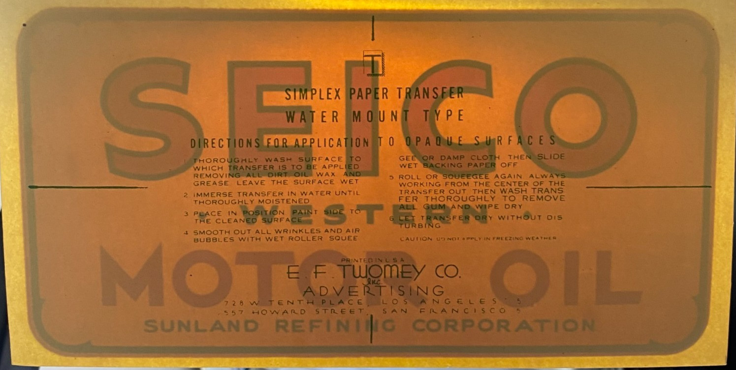 Vintage Sunland SEICO Western Motor Oil Gas Pump Globe Lens Water Transfer Decal