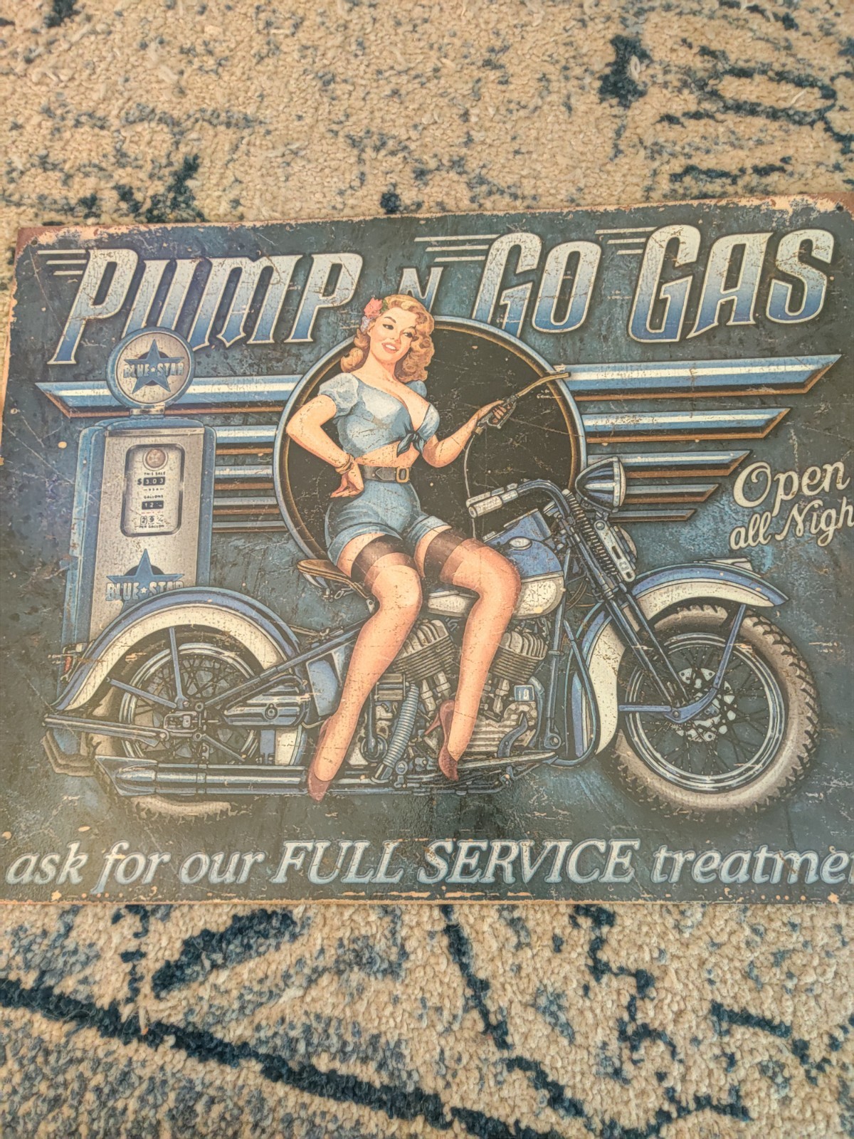 Pump N Go Gas Full Service Gas & Oil Advertising Sign Blue Tan Black
