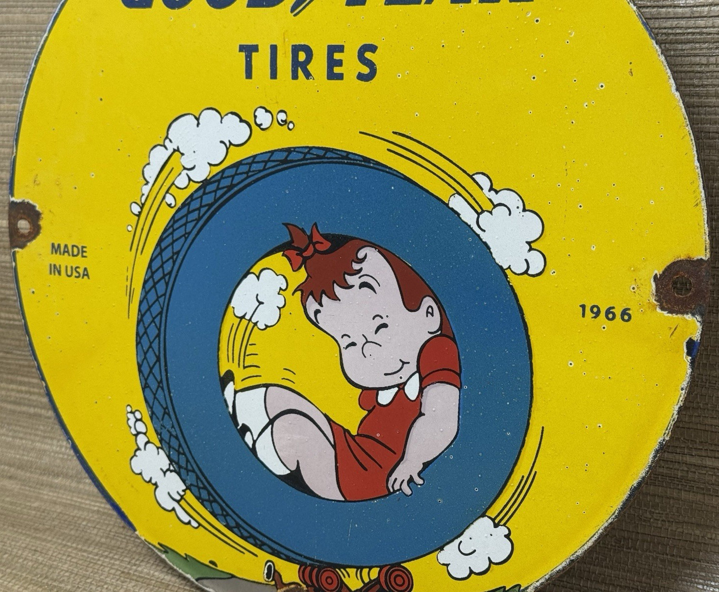 VINTAGE GOODRICH SILVERTOWN TIRES PORCELAIN SIGN GAS OIL DISNEY MICKEY FIRESTONE