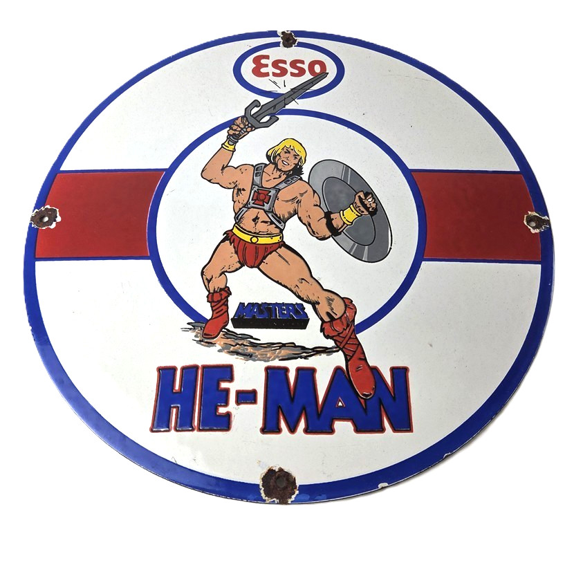 Vintage Esso Gasoline Sign – He-Man American Toys Figure Porcelain Gas Sign