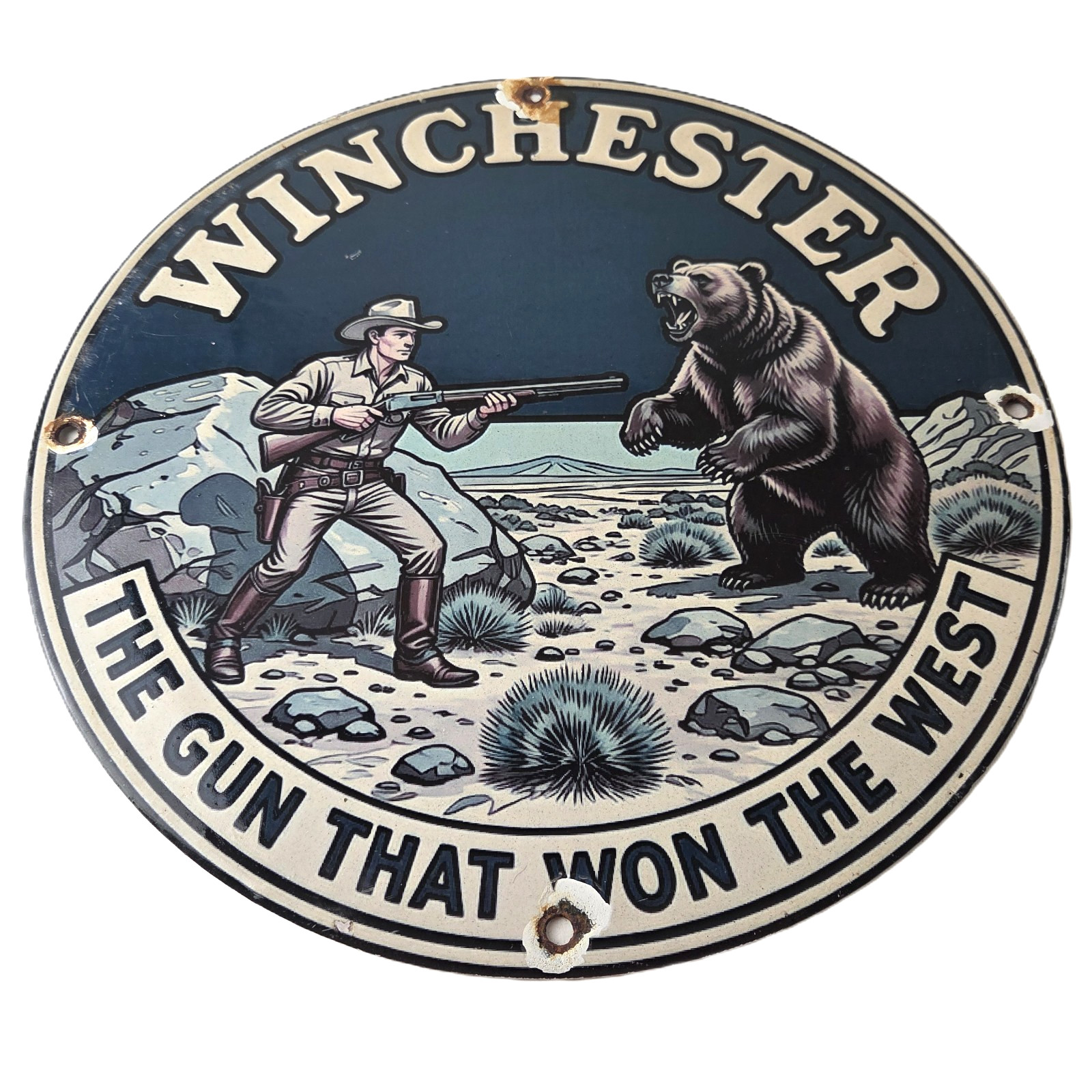 Vintage Winchester Porcelain Sign – Hunting Advertisement Cowboy Bear Gun Sign