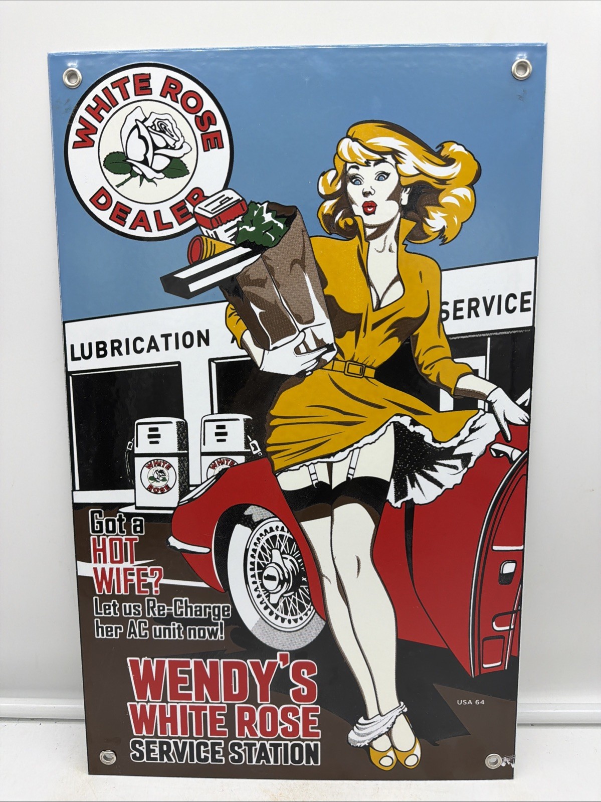 ’64 VINTAGE ”WHITE ROSE DEALER” PORCELAIN DEALER SIGN 16X10 INCH