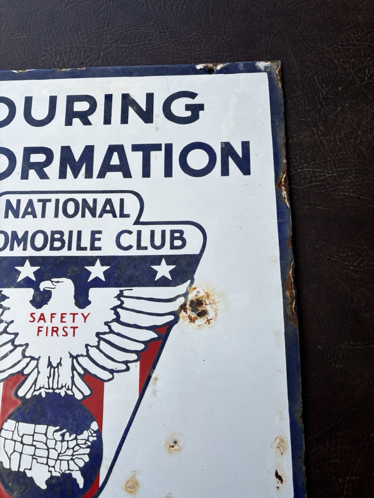 RARE 1930s-40s PORCELAIN NATIONAL AUTOMOBILE CLUB TOURING INFORMATION AGENT SIGN