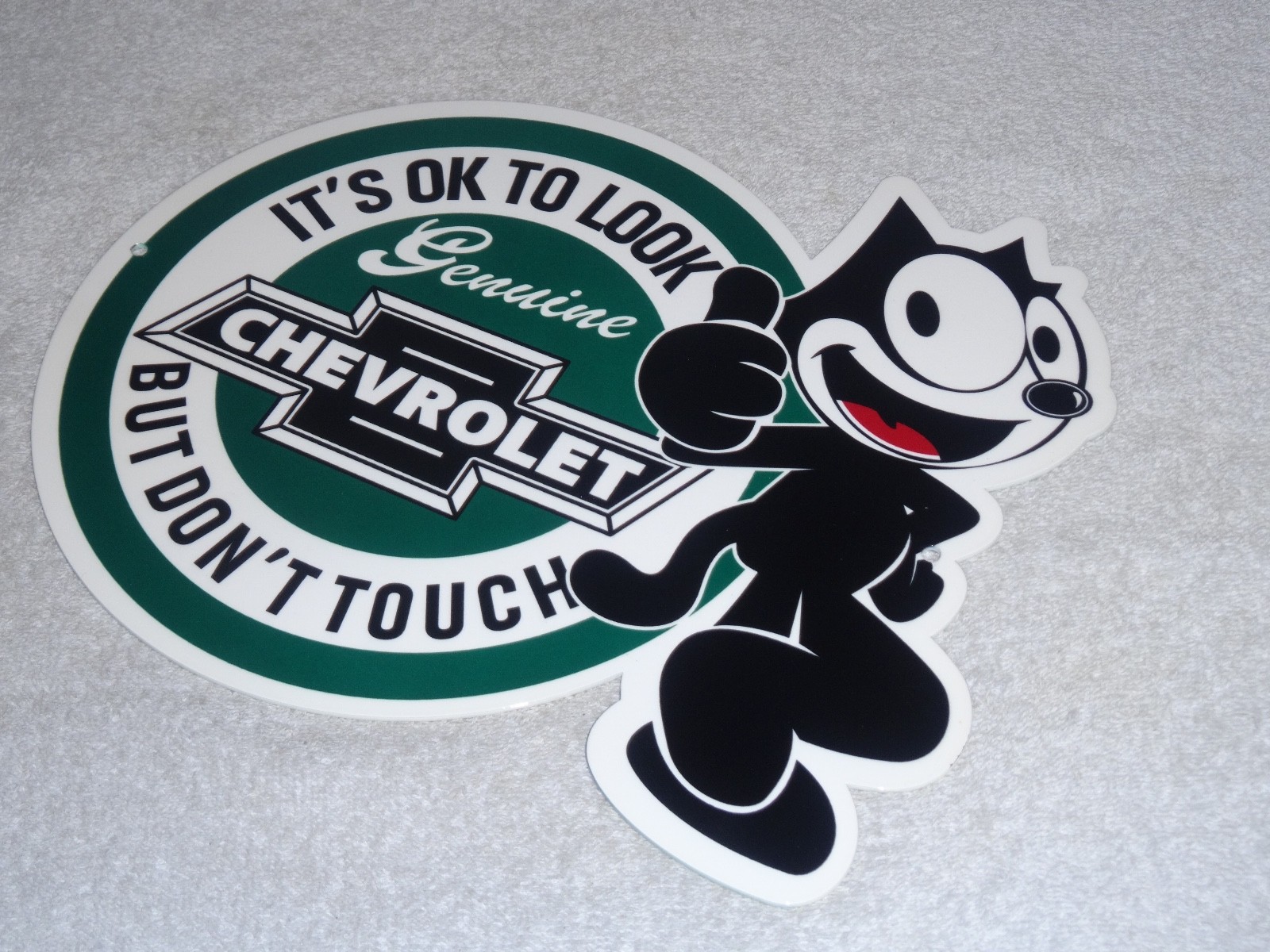 VINTAGE CHEVROLET FELIX THE CAT LOOK DONT TOUCH 12″ CAR TRUCK METAL GAS OIL SIGN
