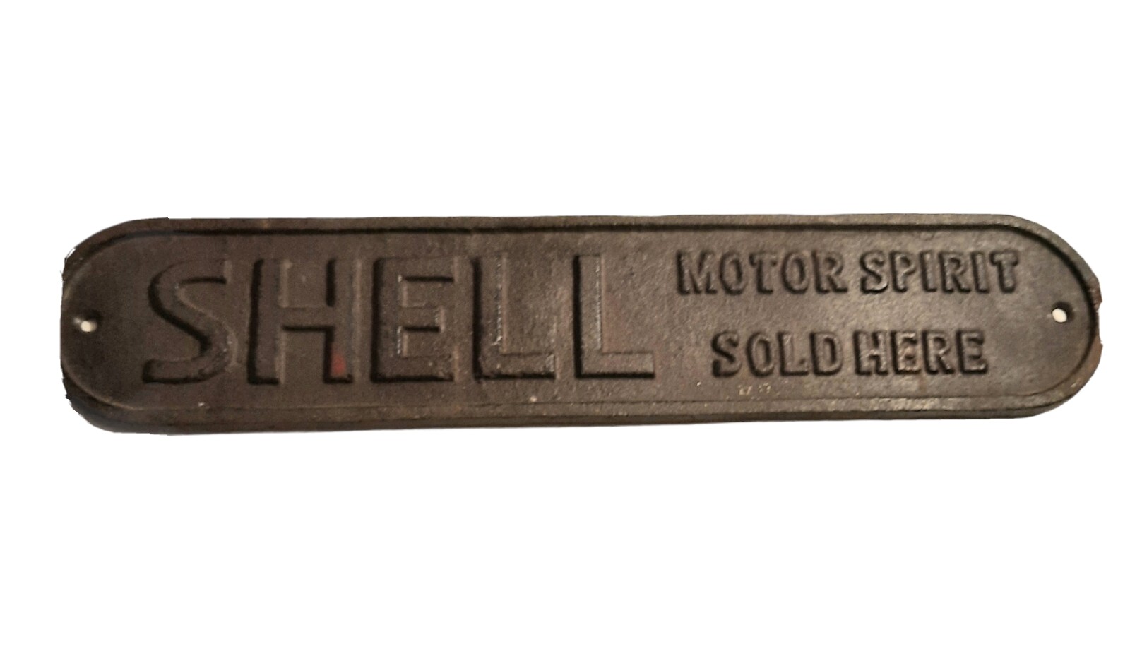 Vintage Shell Sign Shell Motor Spirit Sold Here Cast Iron 13×4″ Reproduction