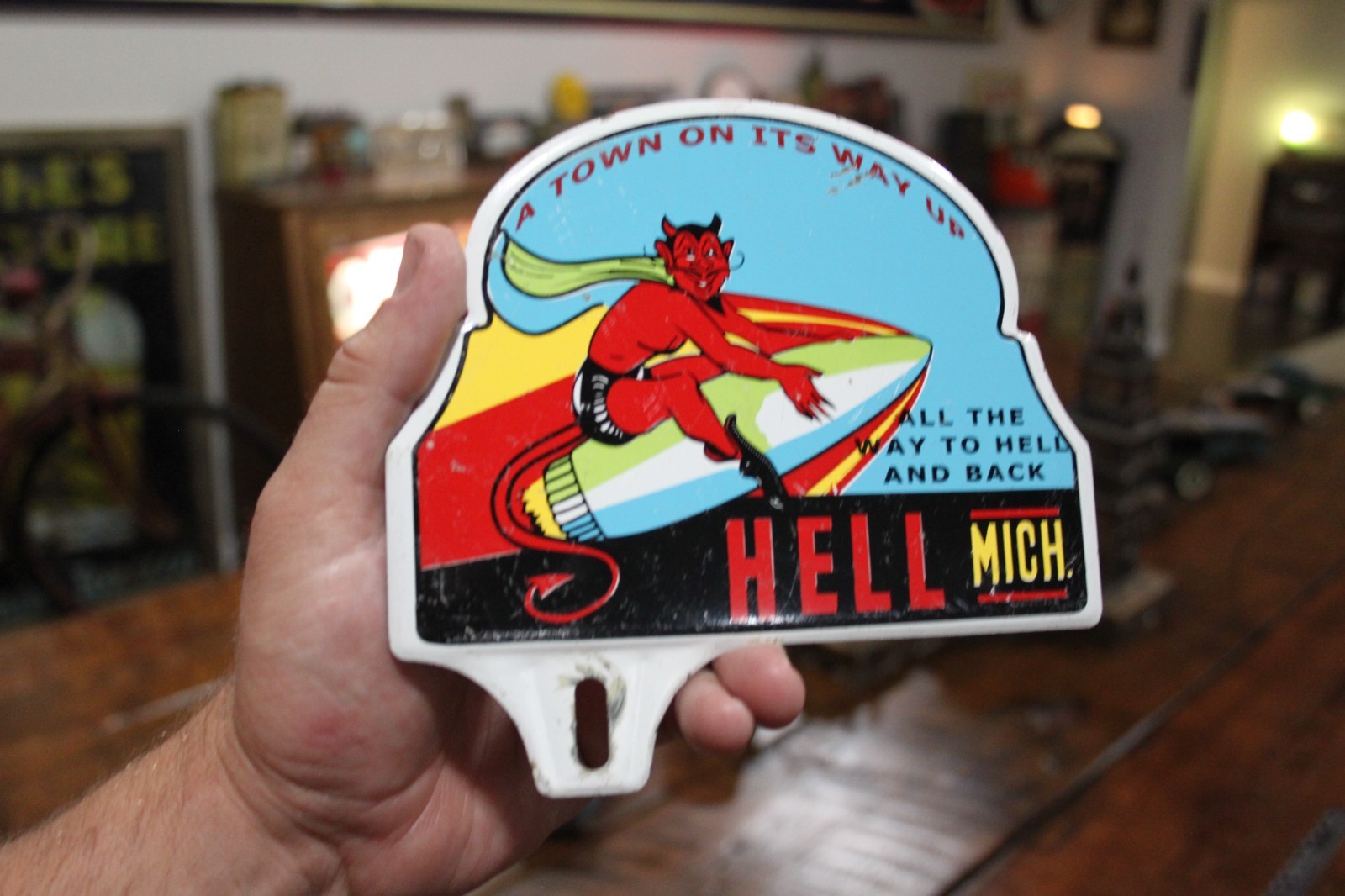 RARE 1950s HELL MICHIGAN SATAN ROCKET STAMPED PAINTED METAL PLATE TOPPER SIGN